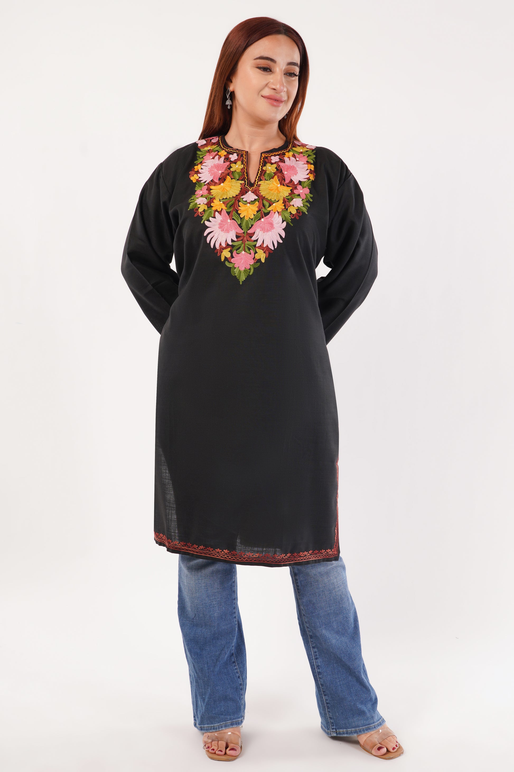 Kashmiri Aari embroidery Cotton Long Kurti Size-54(Black)