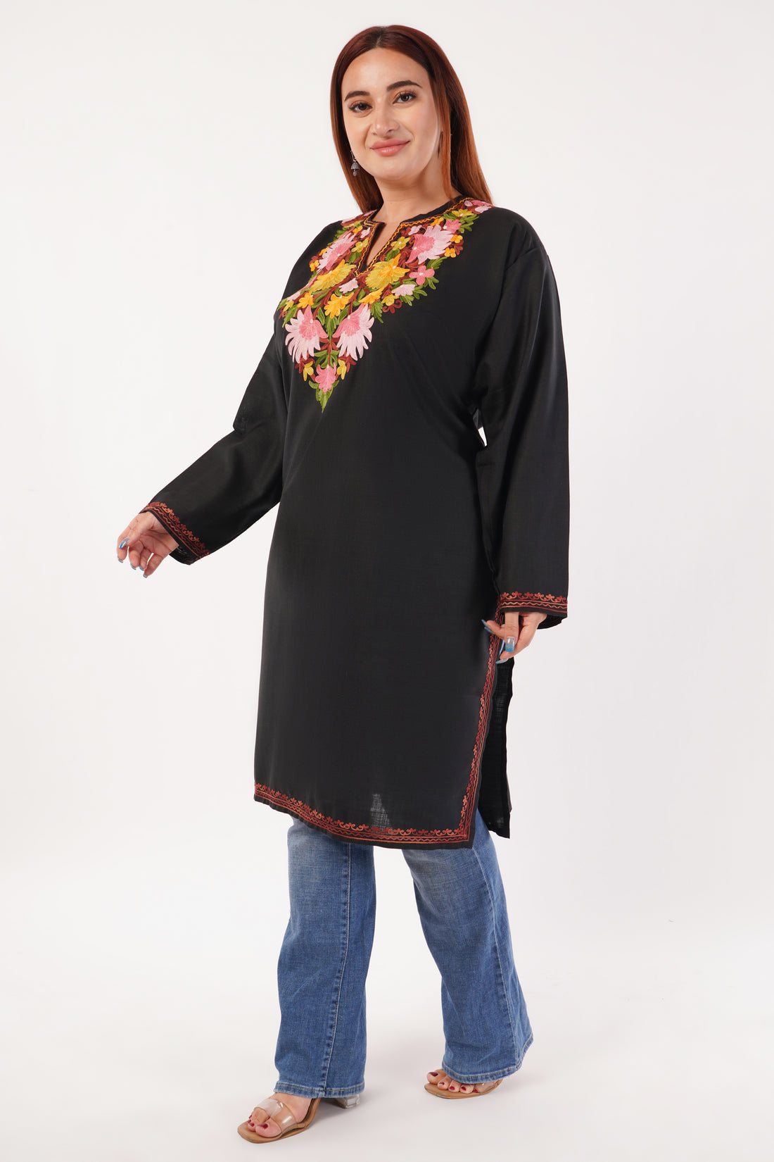Kashmiri Aari embroidery Cotton Long Kurti Size-54(Black)