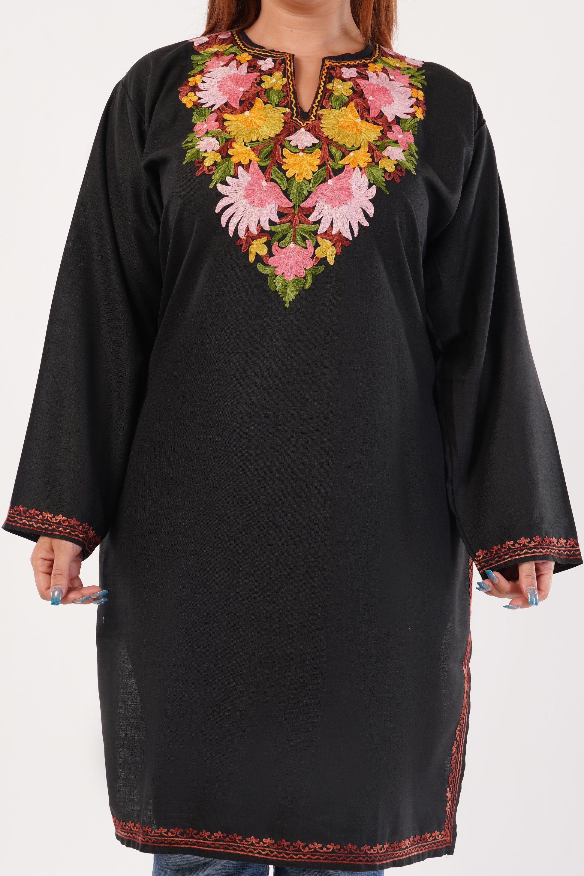 Kashmiri Aari embroidery Cotton Long Kurti Size-54(Black)