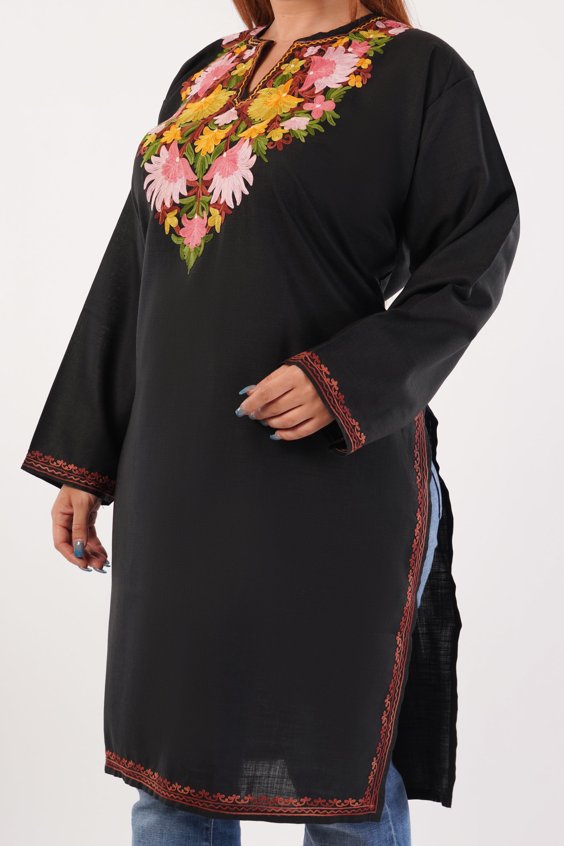 Kashmiri Aari embroidery Cotton Long Kurti Size-54(Black)