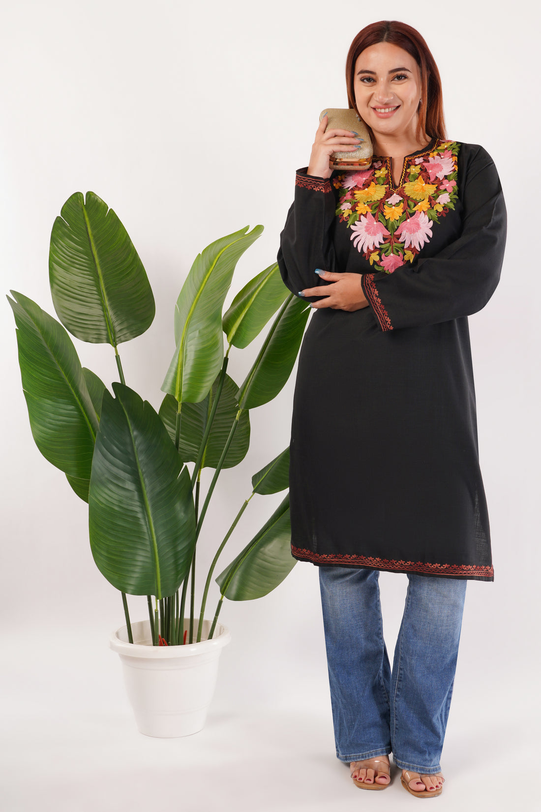 Kashmiri Aari embroidery Cotton Long Kurti Size-54(Black)