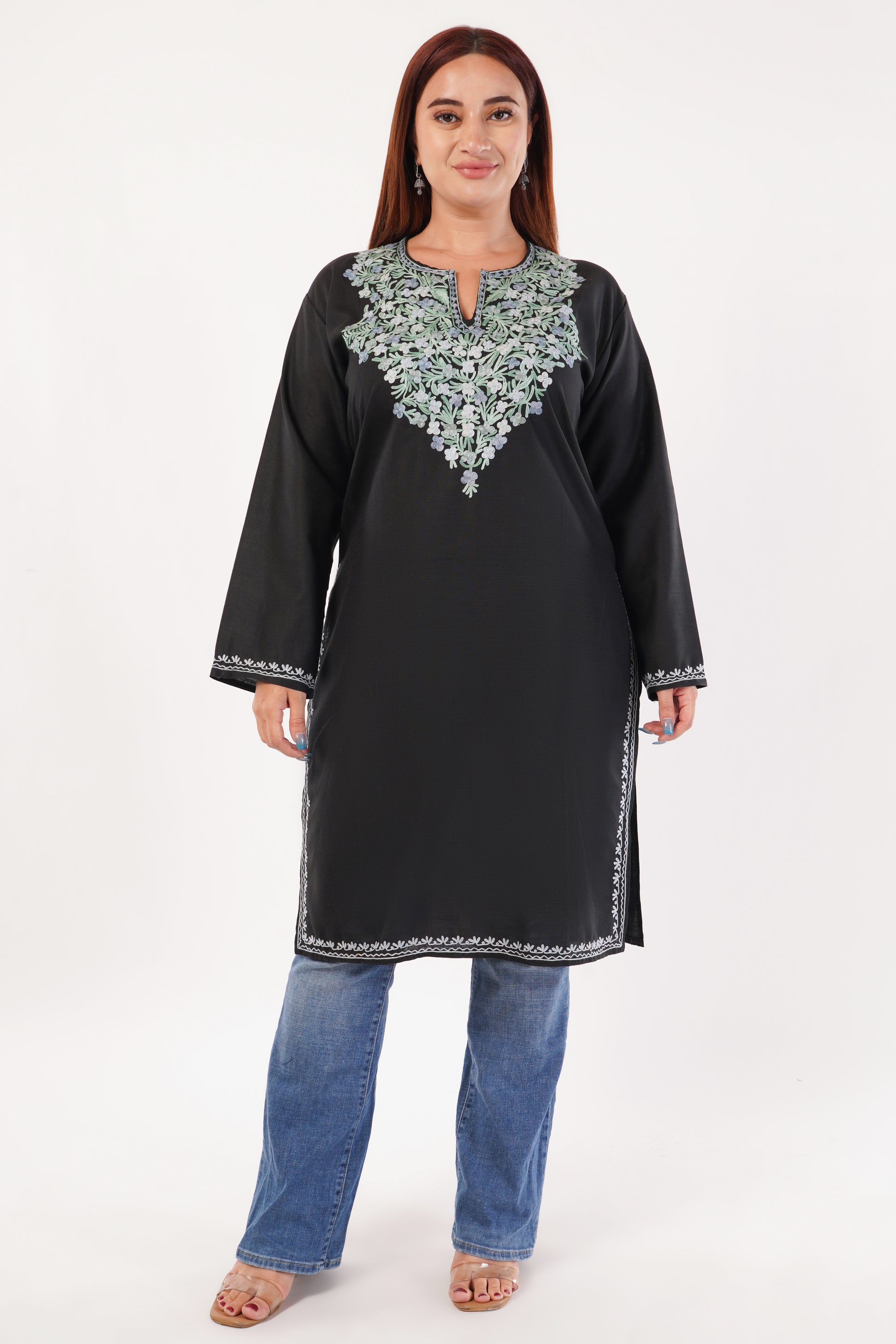 Kashmiri Aari embroidery Cotton Long Kurti Size-44(Black)