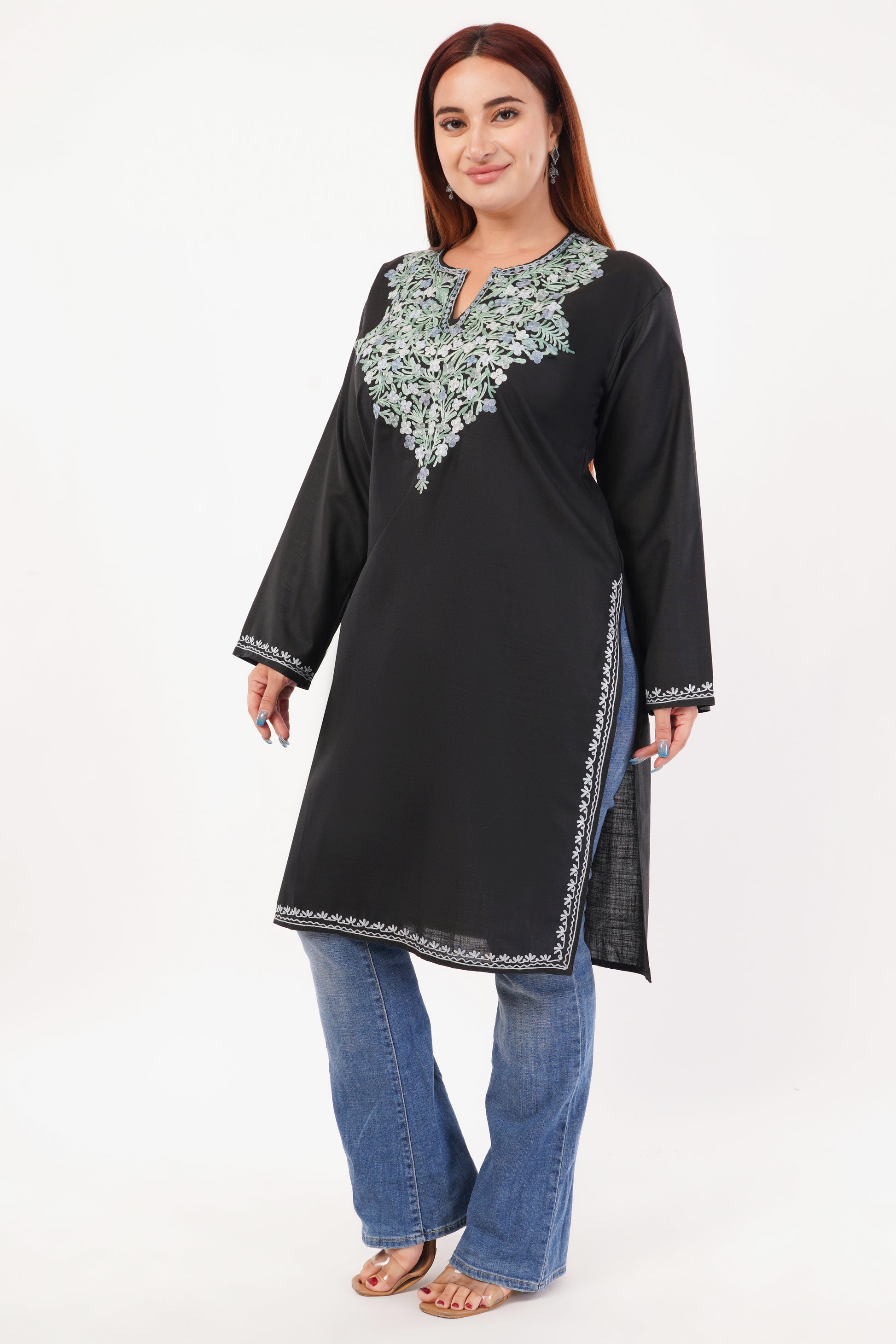Kashmiri Aari embroidery Cotton Long Kurti Size-44(Black)