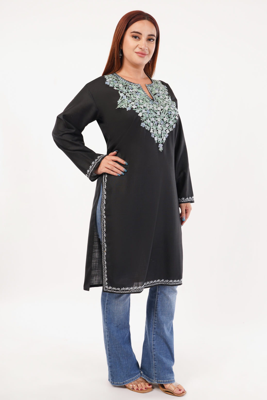 Kashmiri Aari embroidery Cotton Long Kurti Size-44(Black)