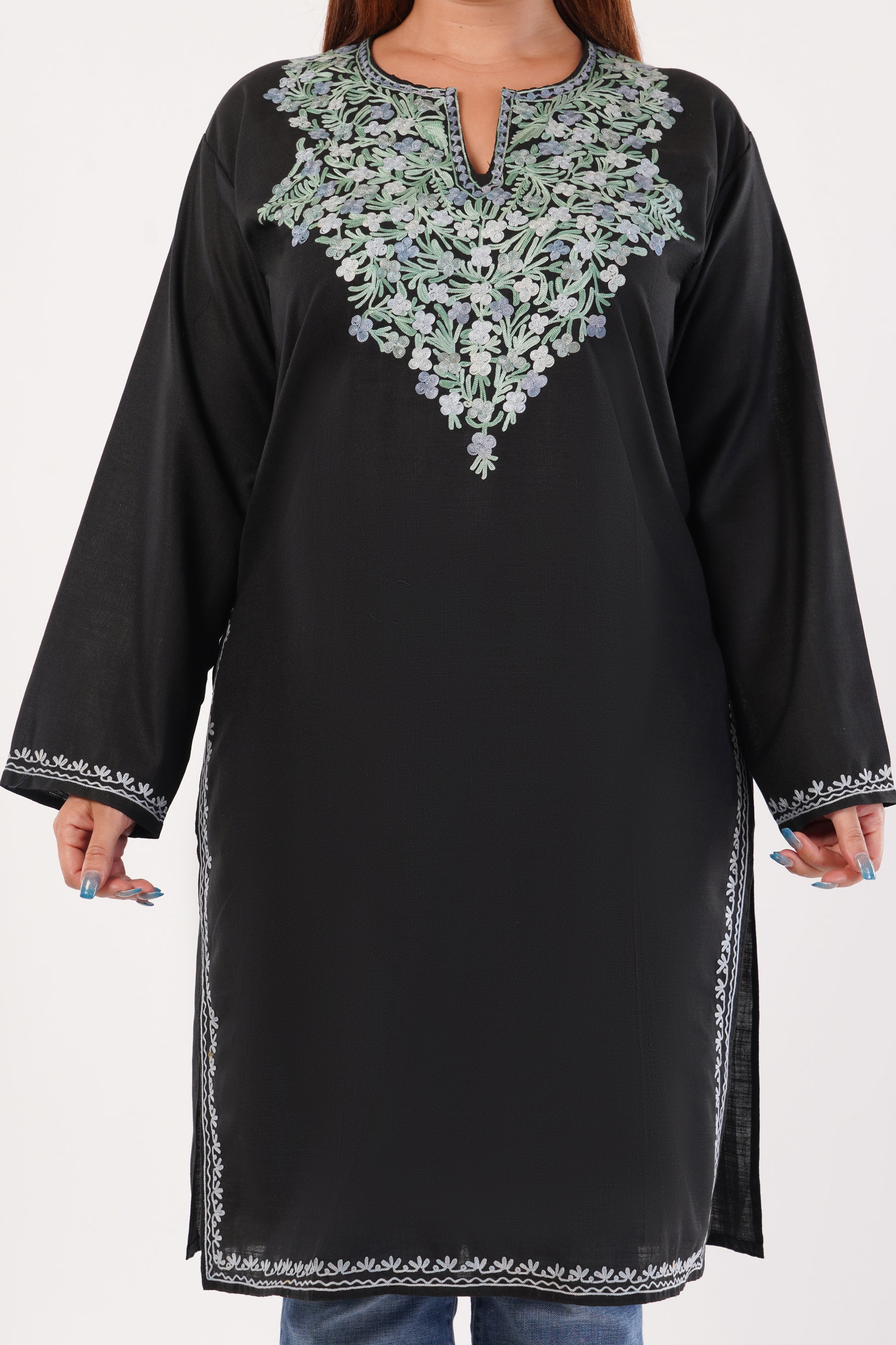 Kashmiri Aari embroidery Cotton Long Kurti Size-44(Black)
