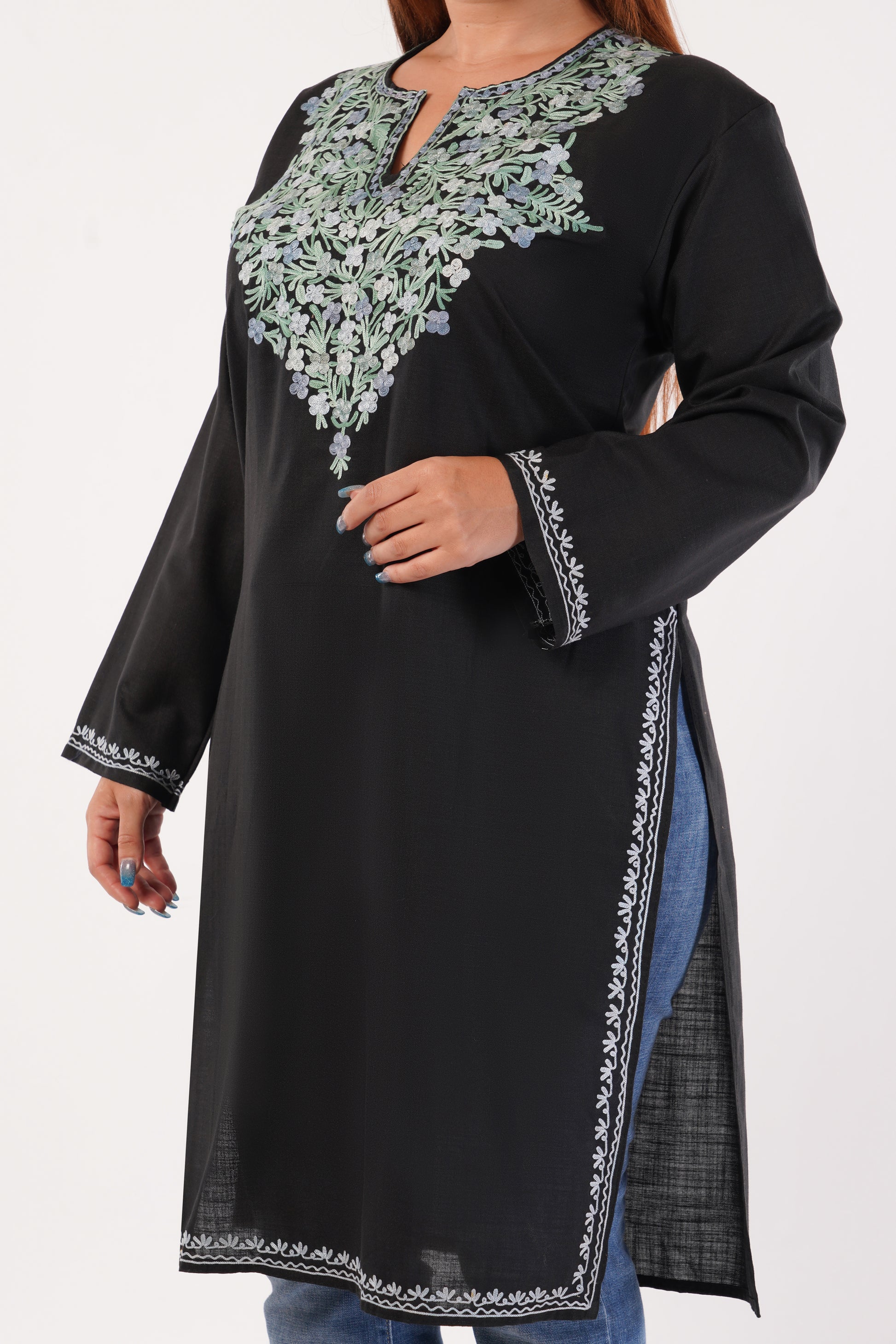 Kashmiri Aari embroidery Cotton Long Kurti Size-44(Black)