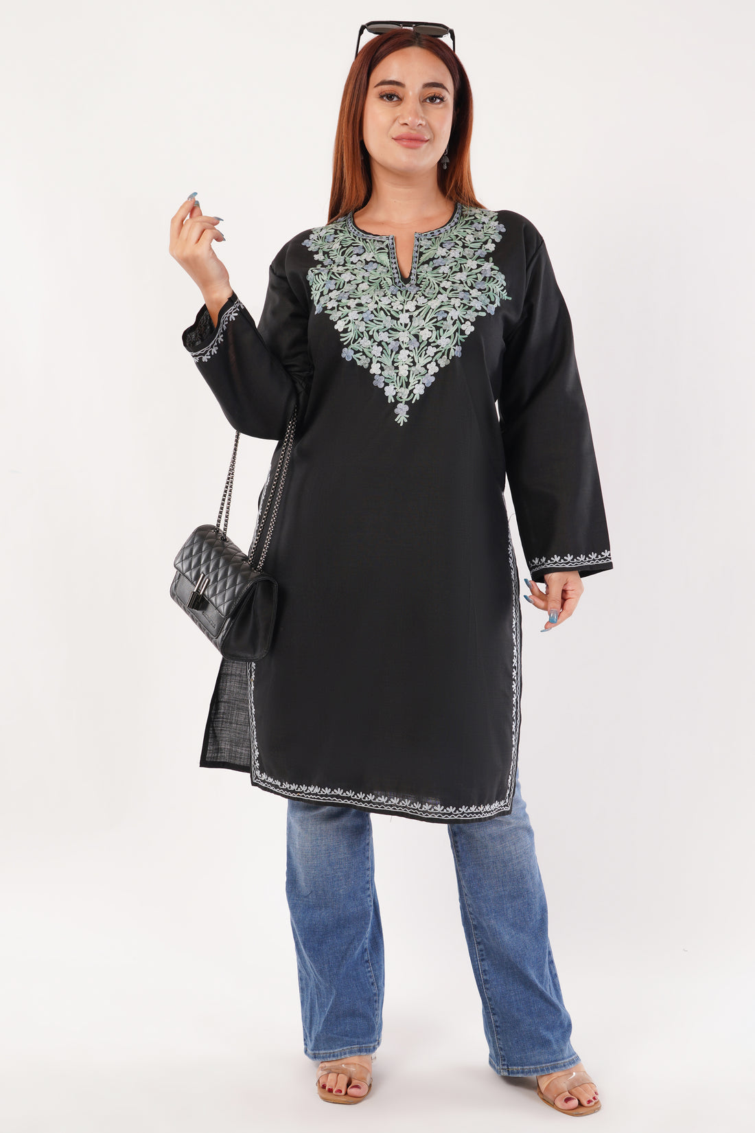Kashmiri Aari embroidery Cotton Long Kurti Size-44(Black)