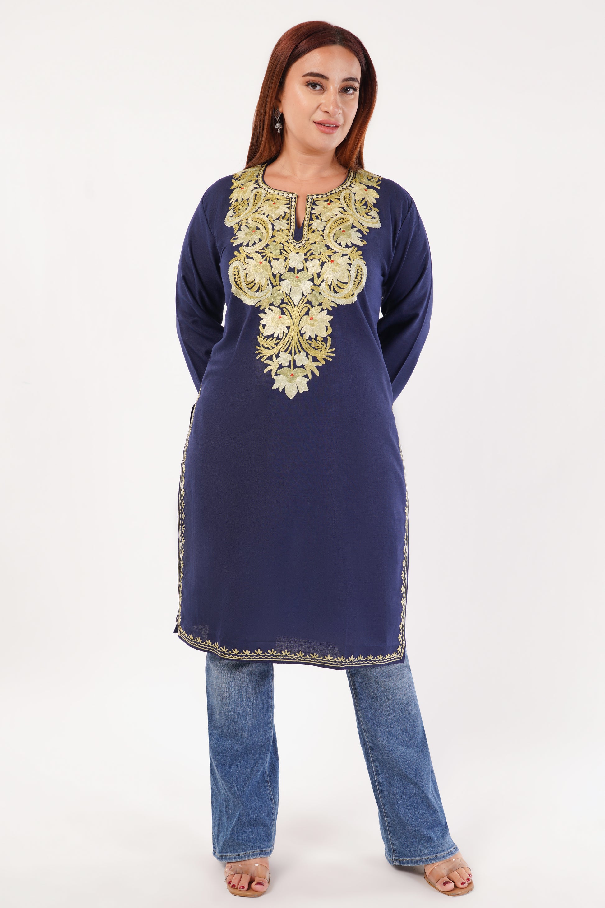 Kashmiri Aari embroidery Cotton Long Kurti Size-44(Navy Blue)