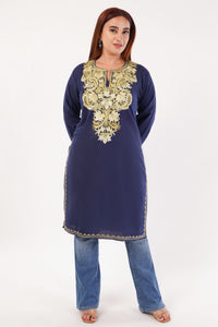 Kashmiri Aari embroidery Cotton Long Kurti Size-44(Navy Blue)
