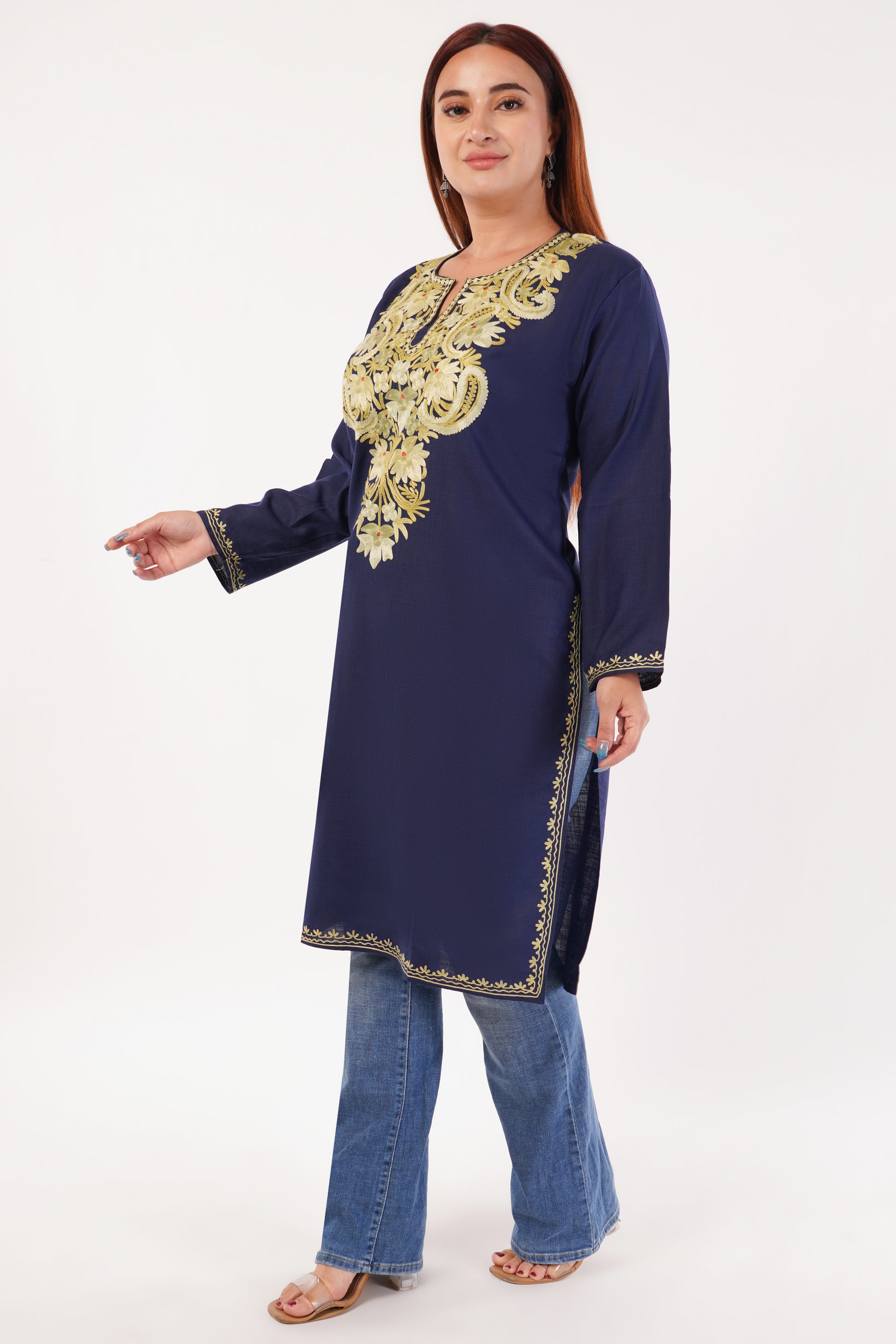 Kashmiri Aari embroidery Cotton Long Kurti Size-44(Navy Blue)