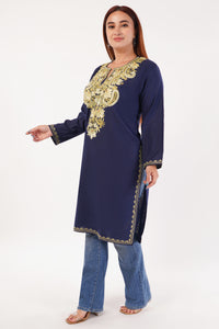 Kashmiri Aari embroidery Cotton Long Kurti Size-44(Navy Blue)