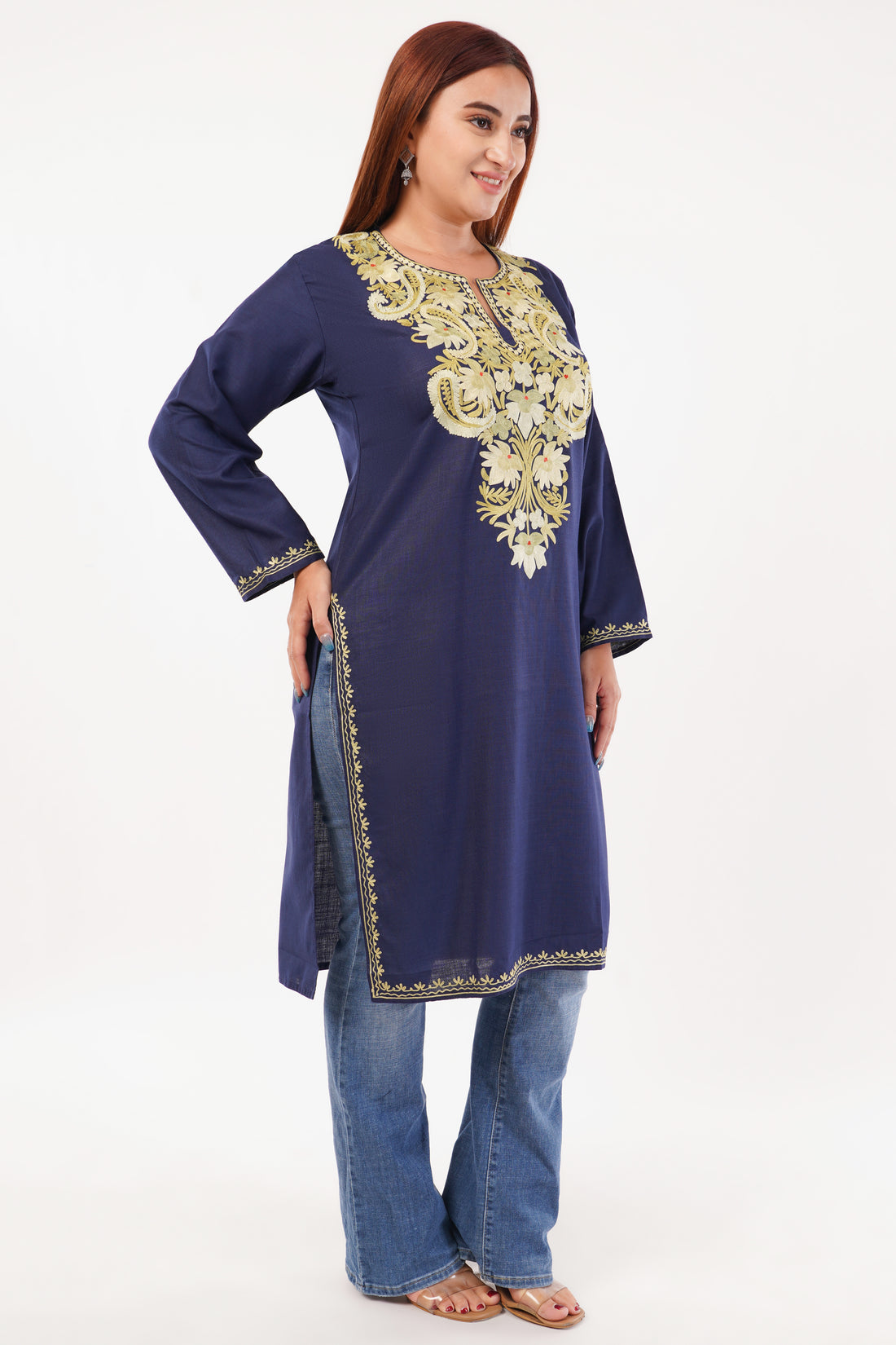 Kashmiri Aari embroidery Cotton Long Kurti Size-44(Navy Blue)