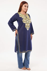 Kashmiri Aari embroidery Cotton Long Kurti Size-44(Navy Blue)