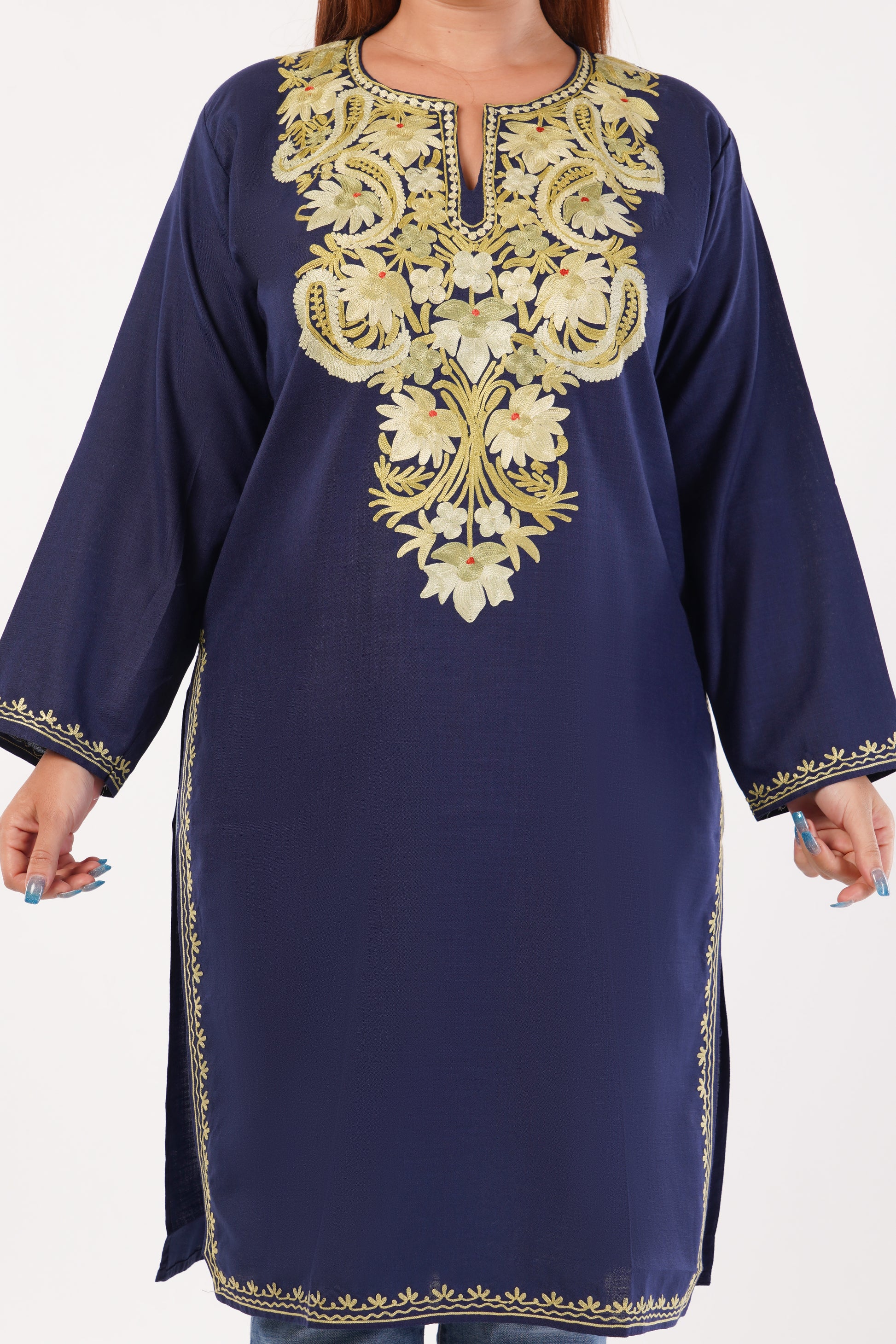 Kashmiri Aari embroidery Cotton Long Kurti Size-44(Navy Blue)