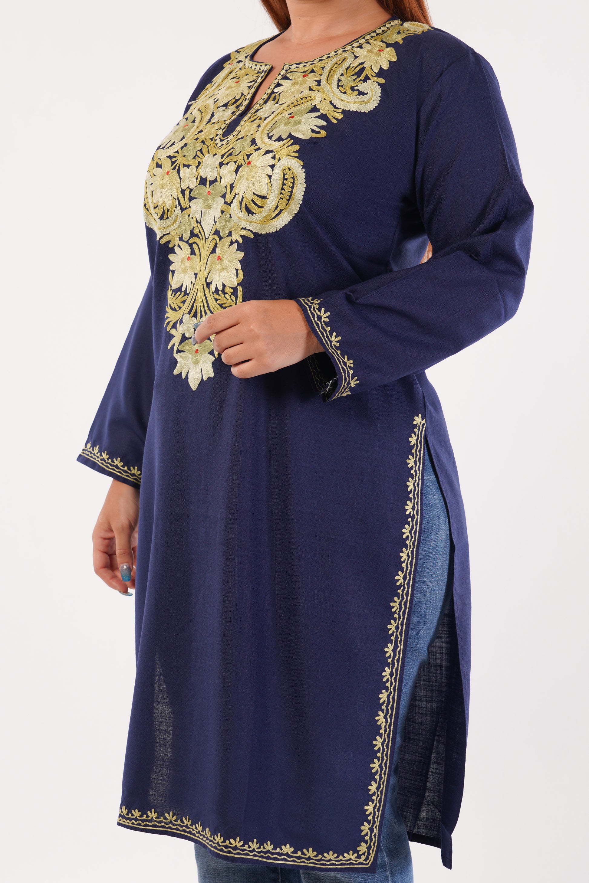 Kashmiri Aari embroidery Cotton Long Kurti Size-44(Navy Blue)
