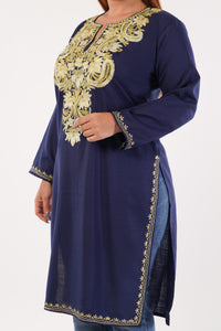 Kashmiri Aari embroidery Cotton Long Kurti Size-44(Navy Blue)
