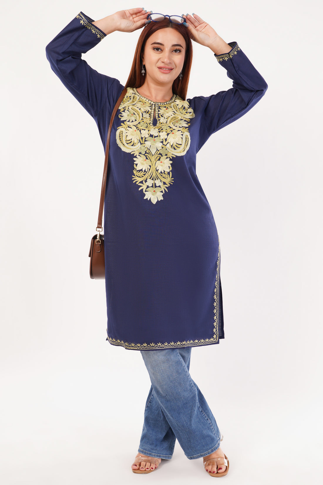 Kashmiri Aari embroidery Cotton Long Kurti Size-44(Navy Blue)