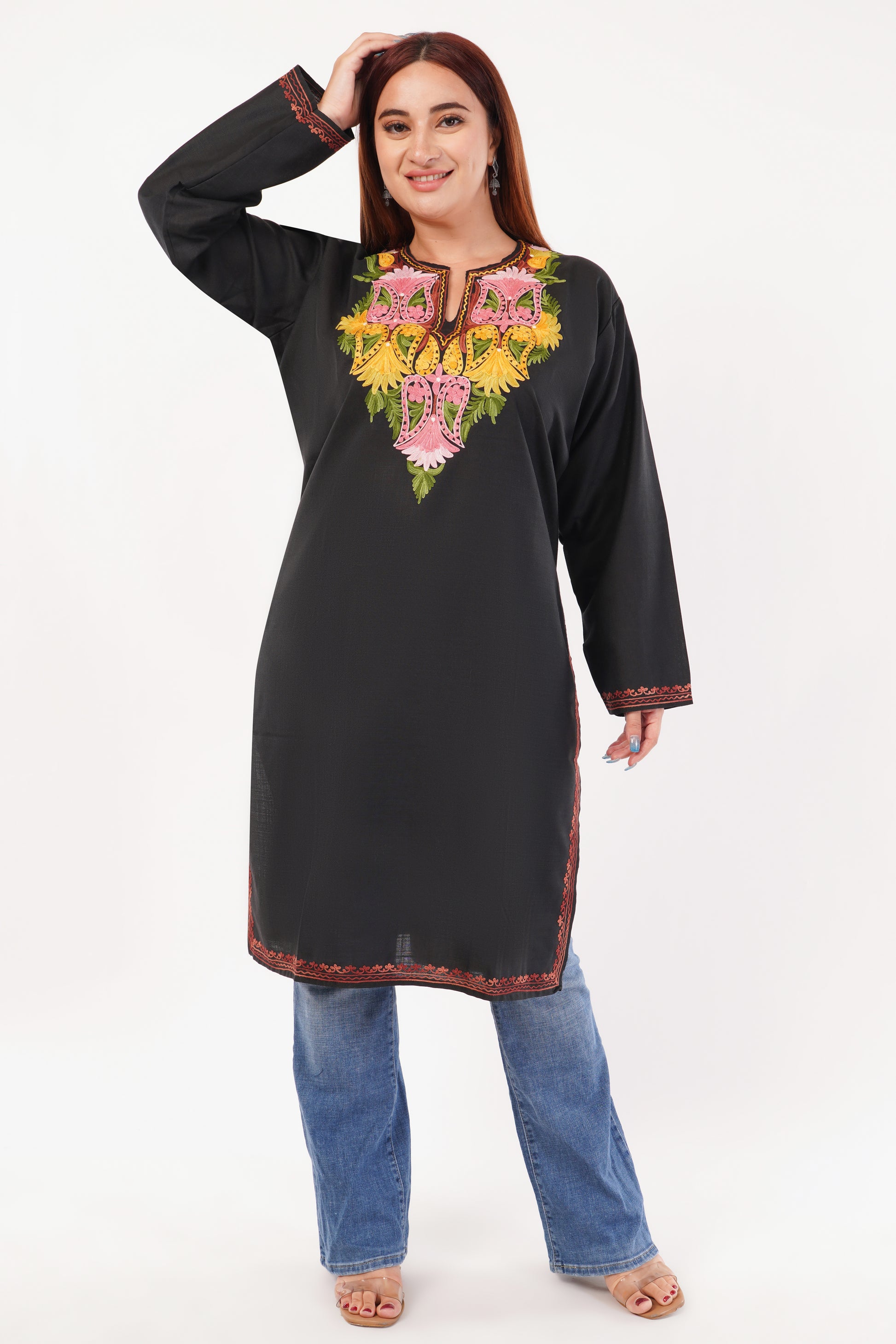 Kashmiri Aari embroidery Cotton Long Kurti Size-52(Black)