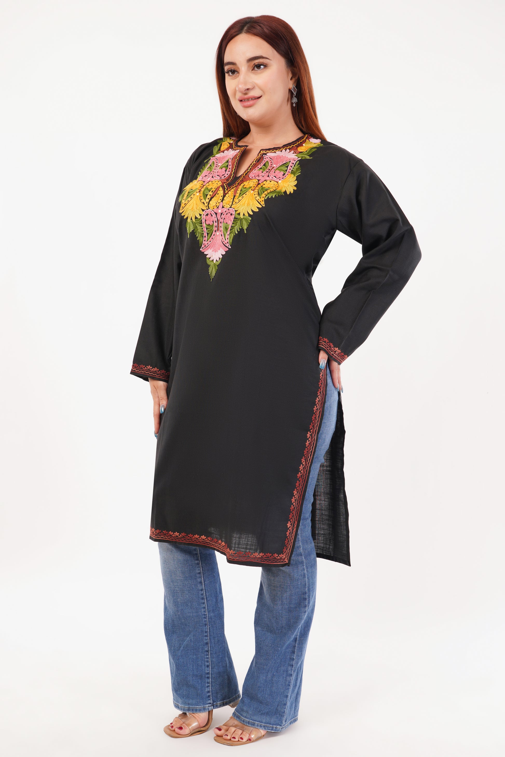 Kashmiri Aari embroidery Cotton Long Kurti Size-52(Black)