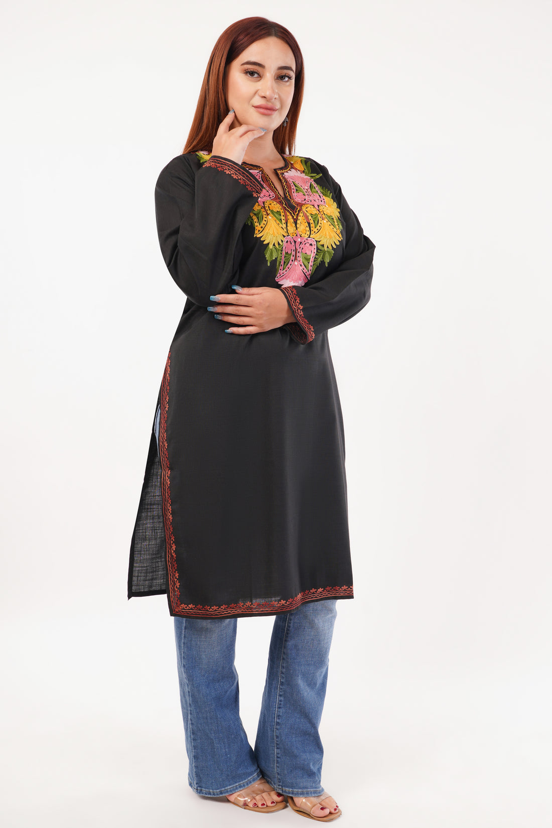 Kashmiri Aari embroidery Cotton Long Kurti Size-52(Black)