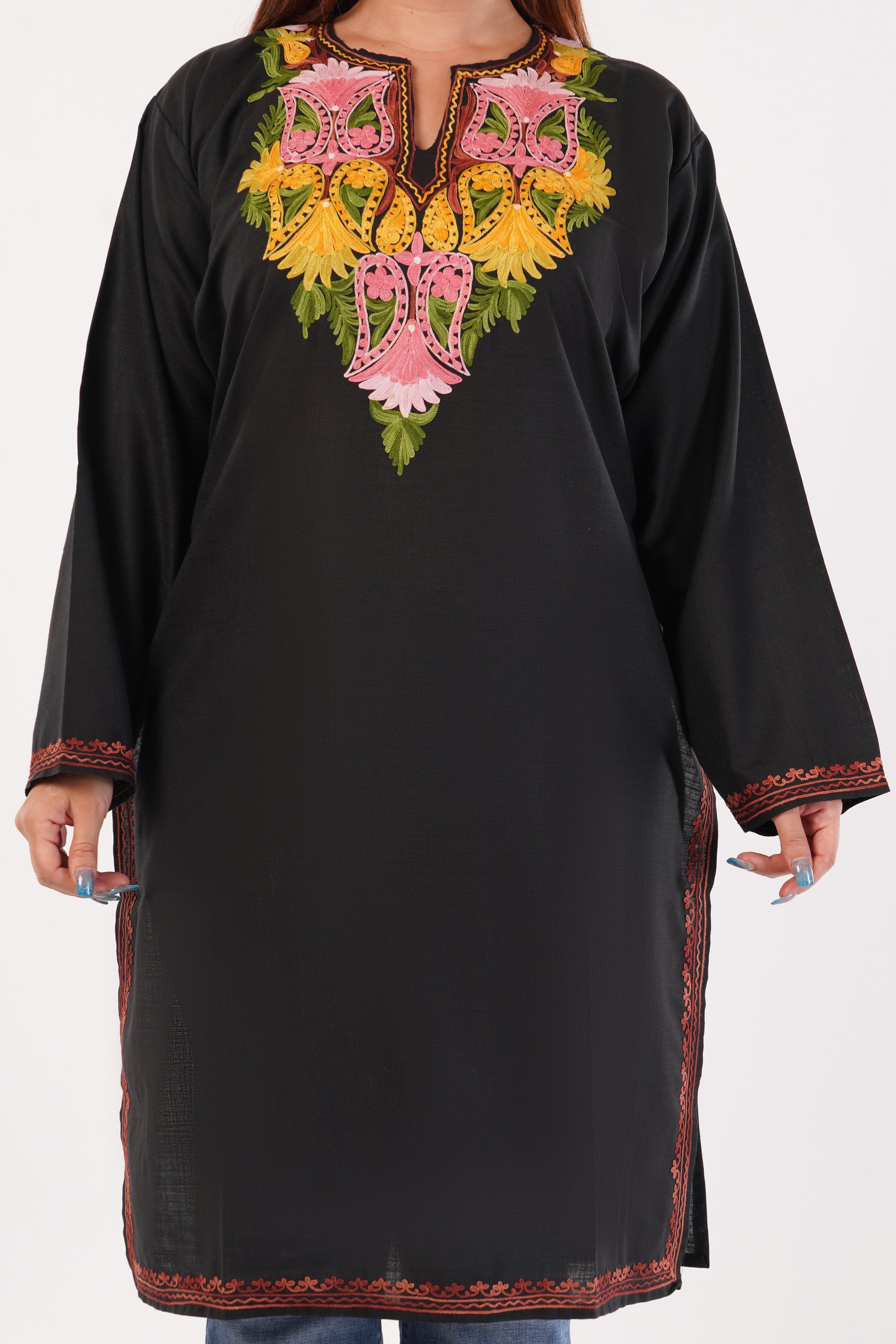 Kashmiri Aari embroidery Cotton Long Kurti Size-52(Black)