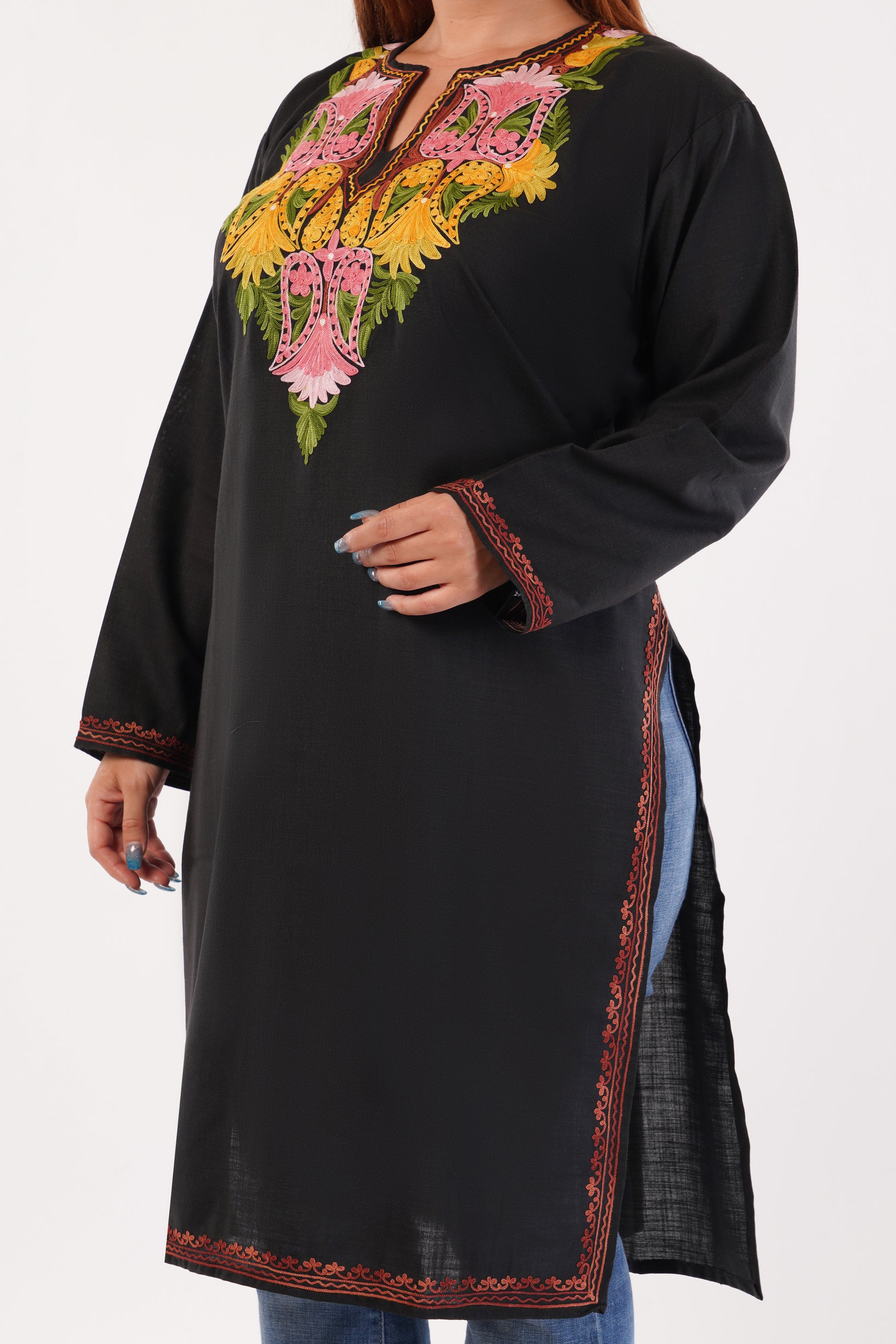 Kashmiri Aari embroidery Cotton Long Kurti Size-52(Black)