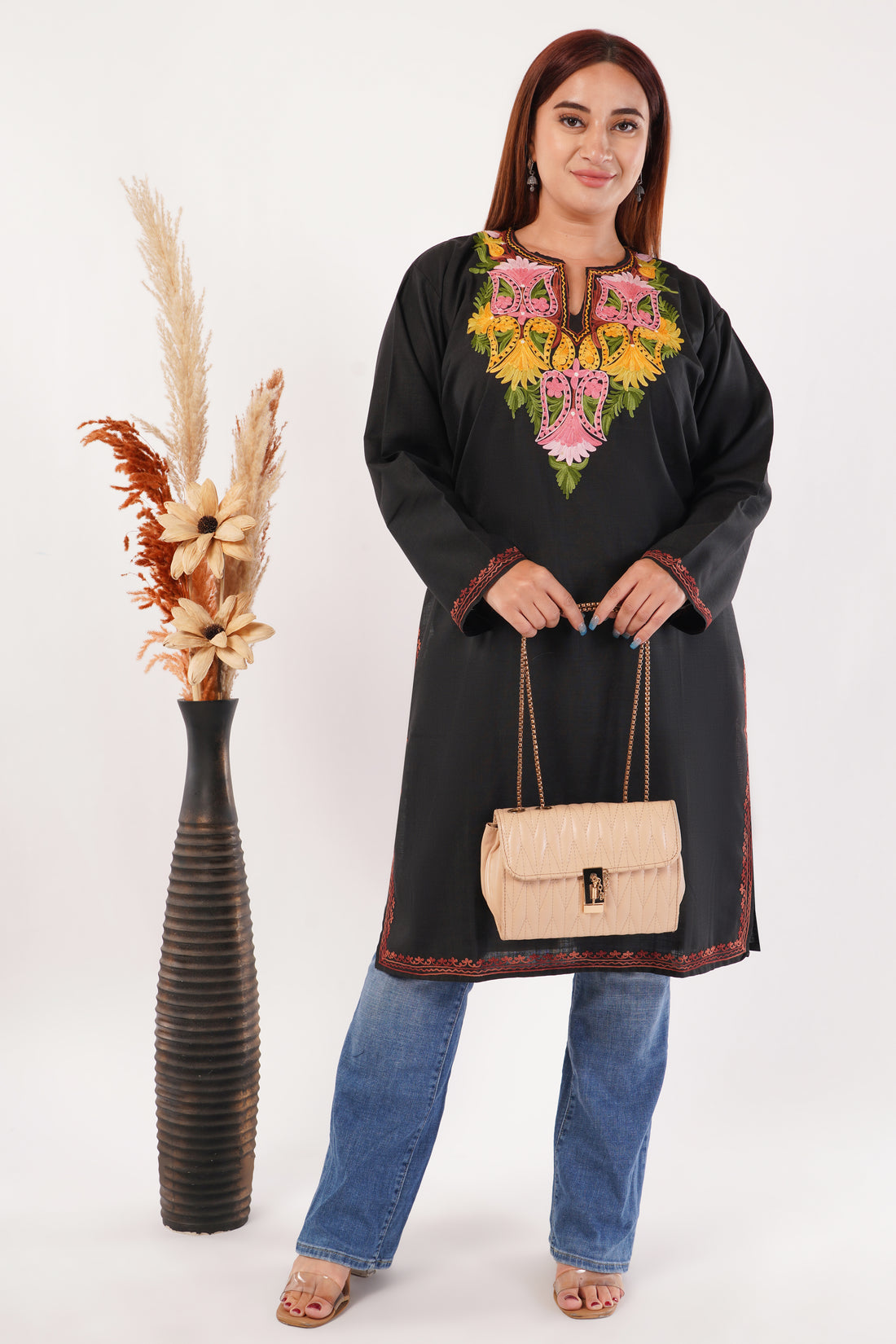 Kashmiri Aari embroidery Cotton Long Kurti Size-52(Black)