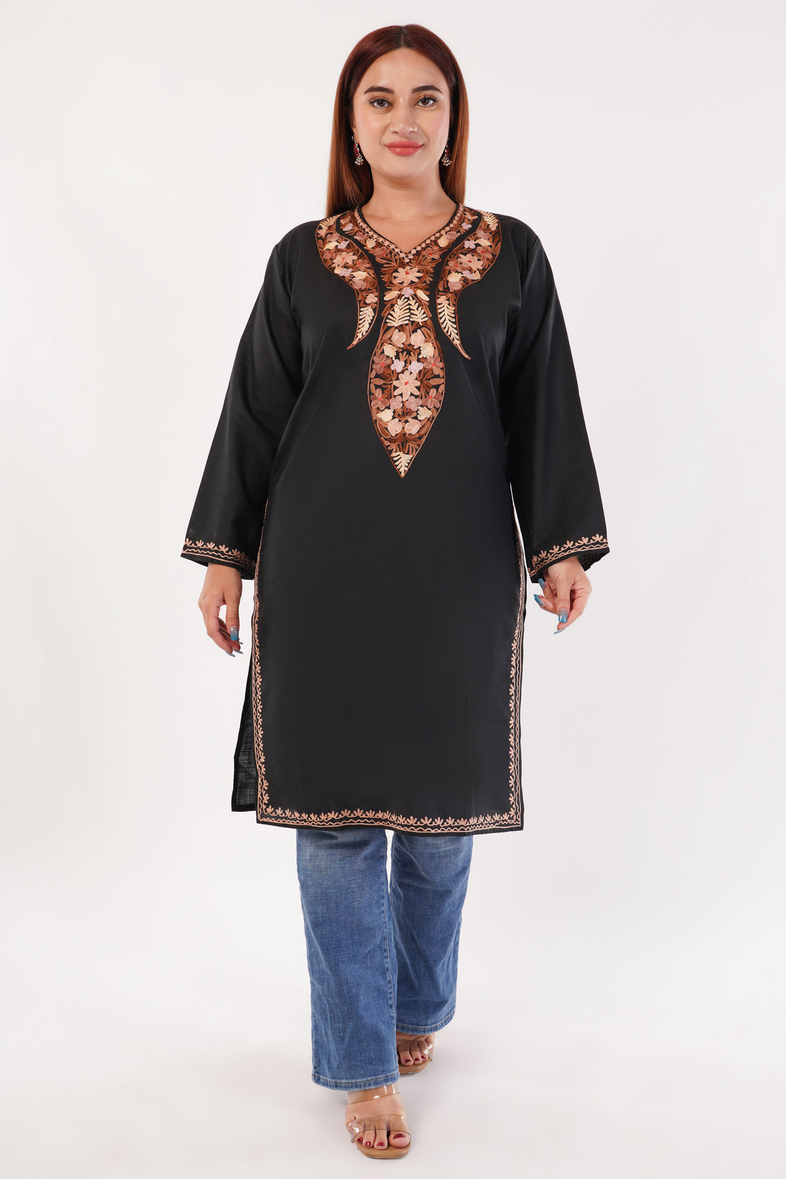 Kashmiri Aari embroidery Cotton Long Kurti Size-44(Black)
