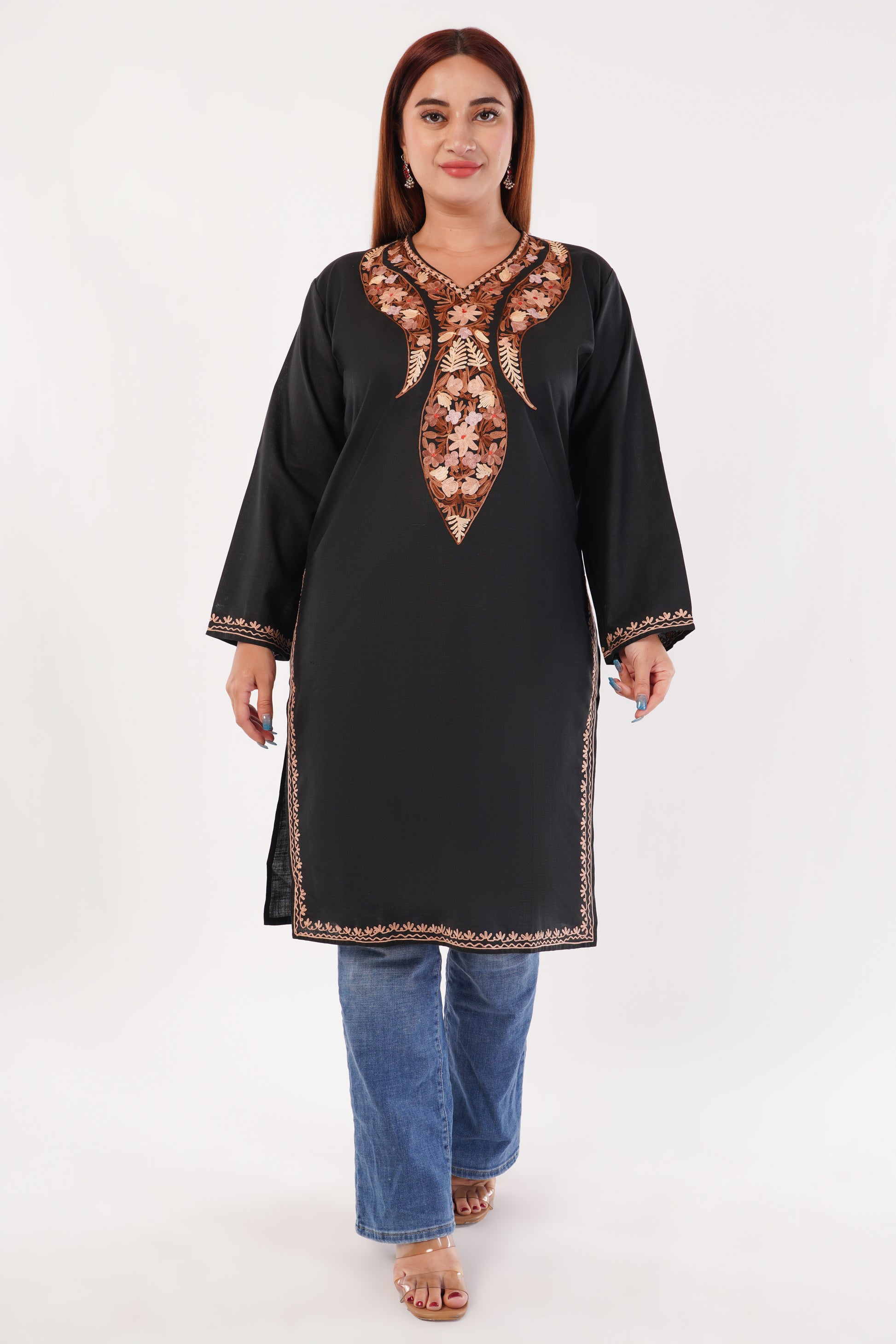Kashmiri Aari embroidery Cotton Long Kurti Size-44(Black)