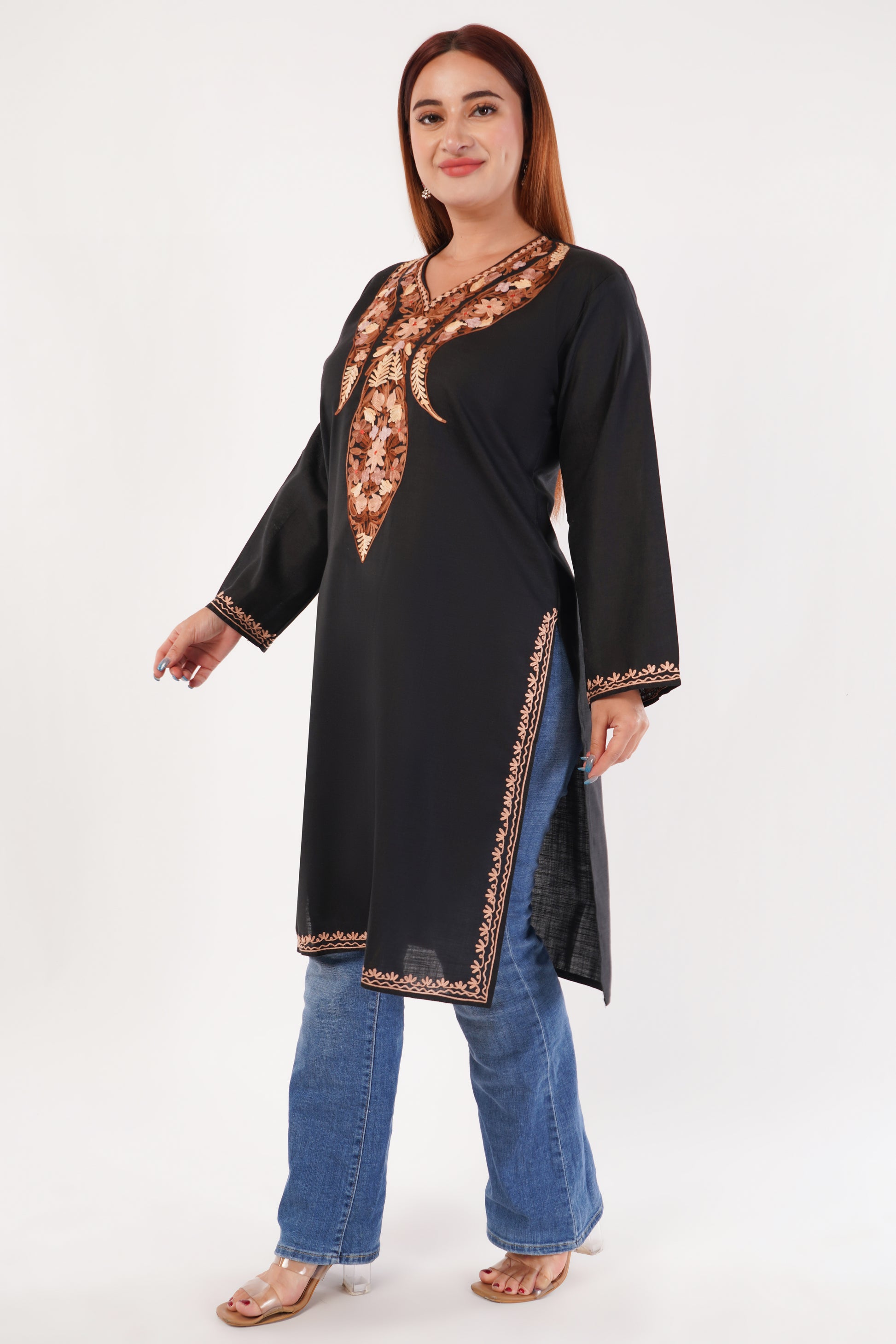 Kashmiri Aari embroidery Cotton Long Kurti Size-44(Black)