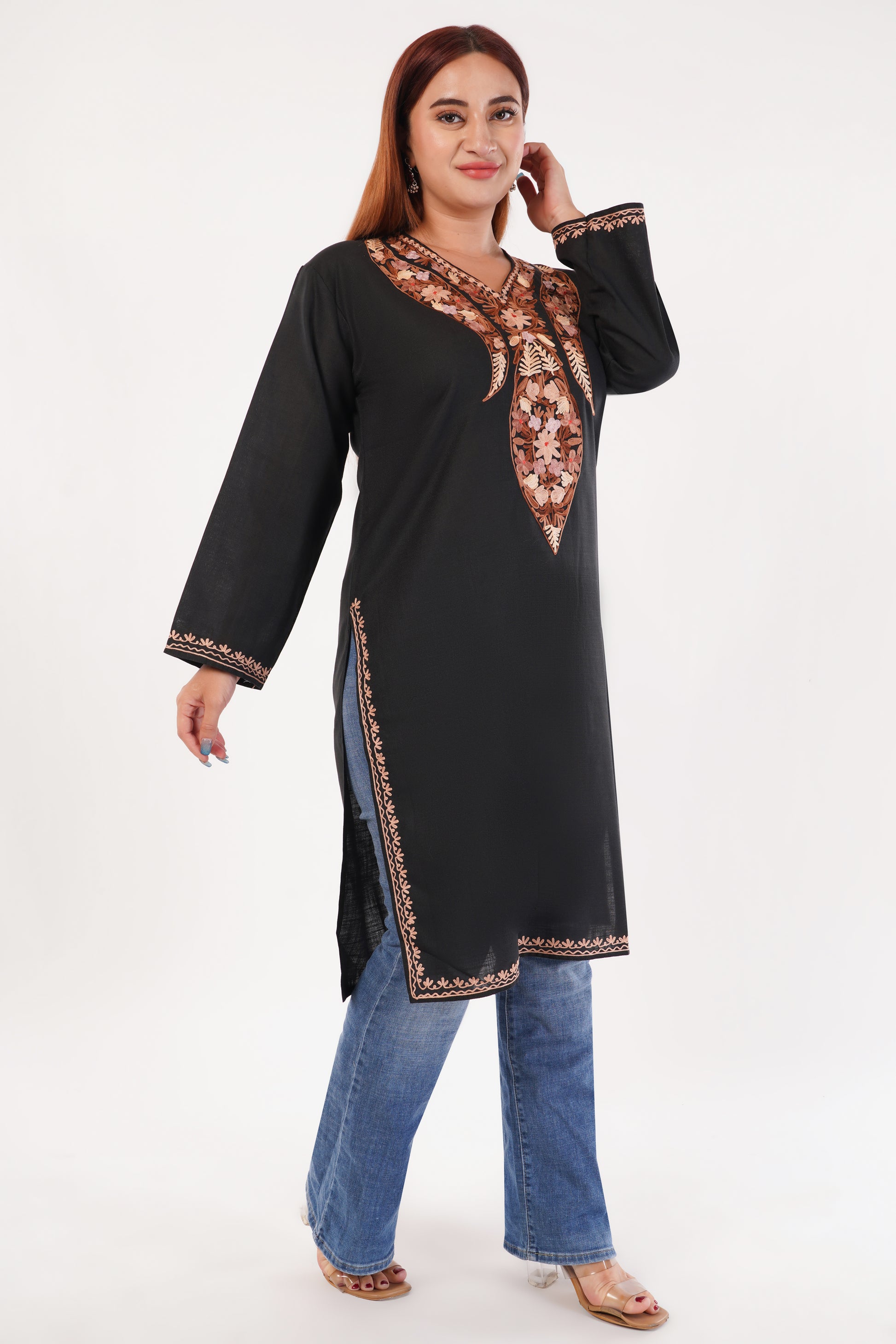 Kashmiri Aari embroidery Cotton Long Kurti Size-44(Black)
