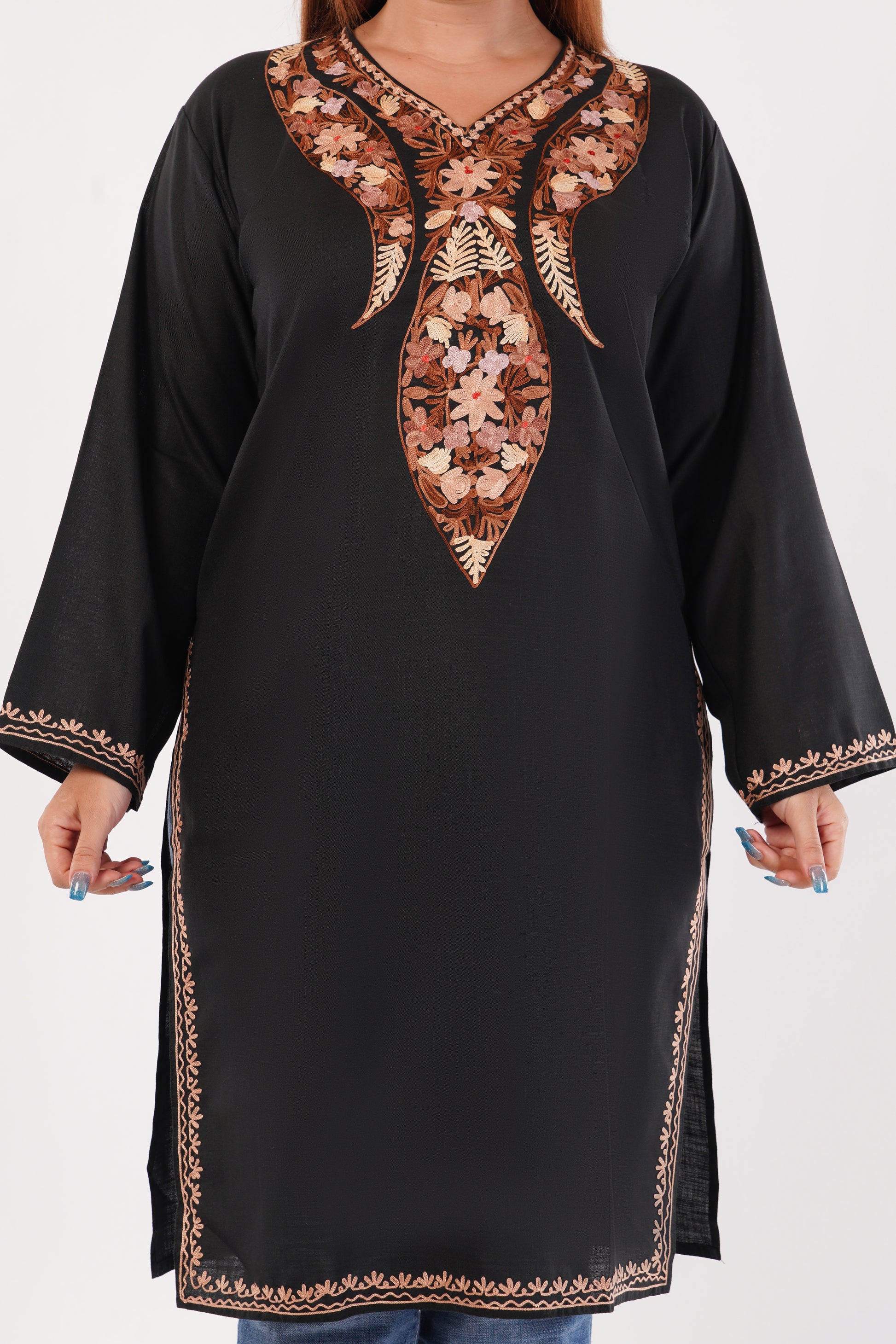 Kashmiri Aari embroidery Cotton Long Kurti Size-44(Black)