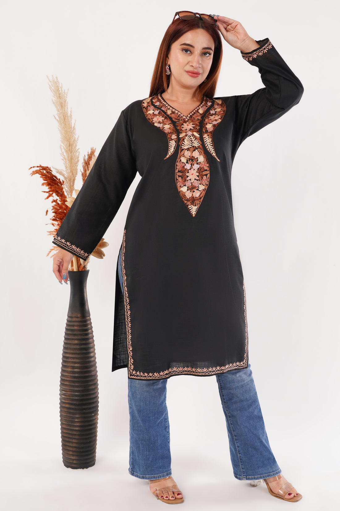 Kashmiri Aari embroidery Cotton Long Kurti Size-44(Black)