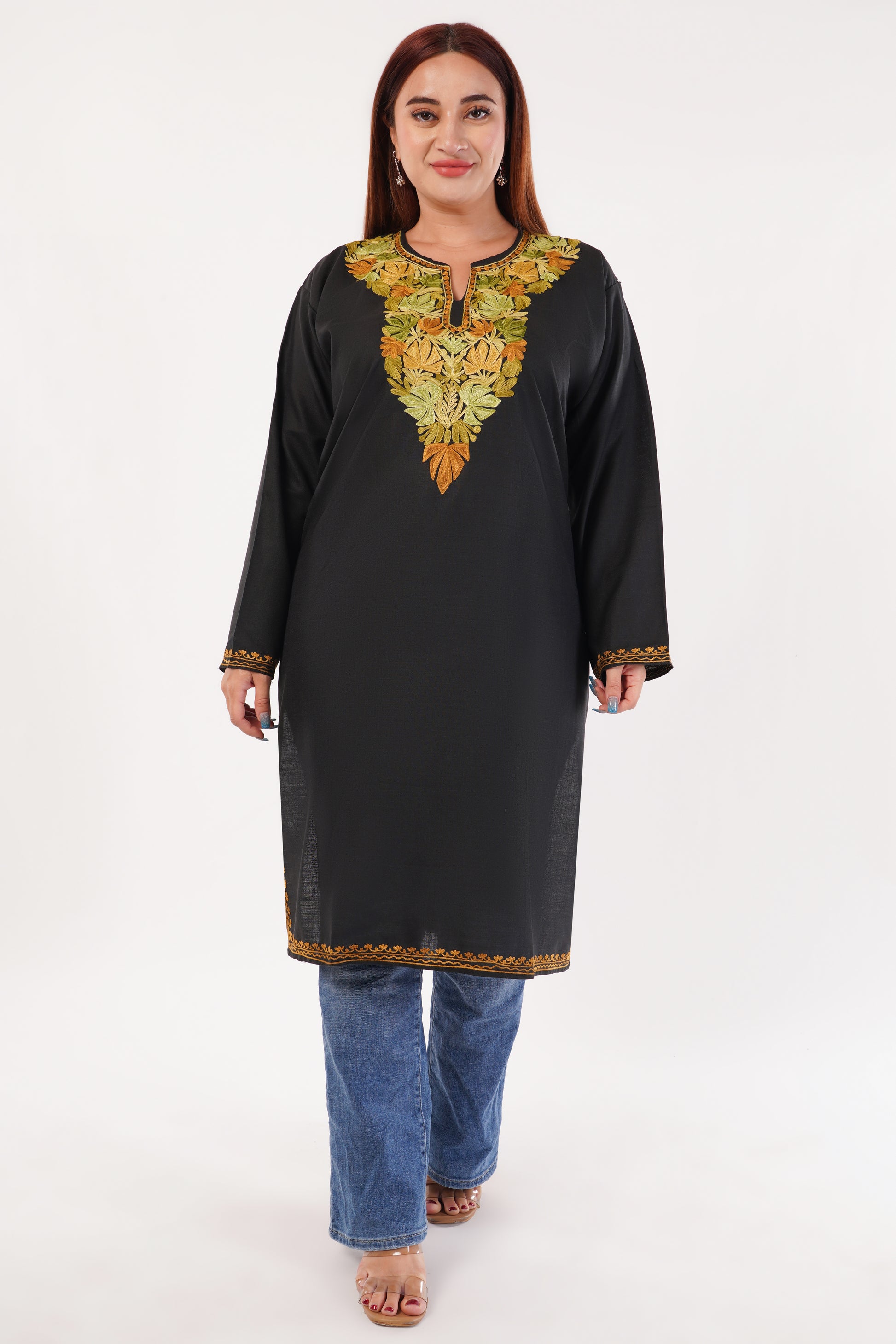 Kashmiri Aari embroidery Cotton Long Kurti Size-54(Black)