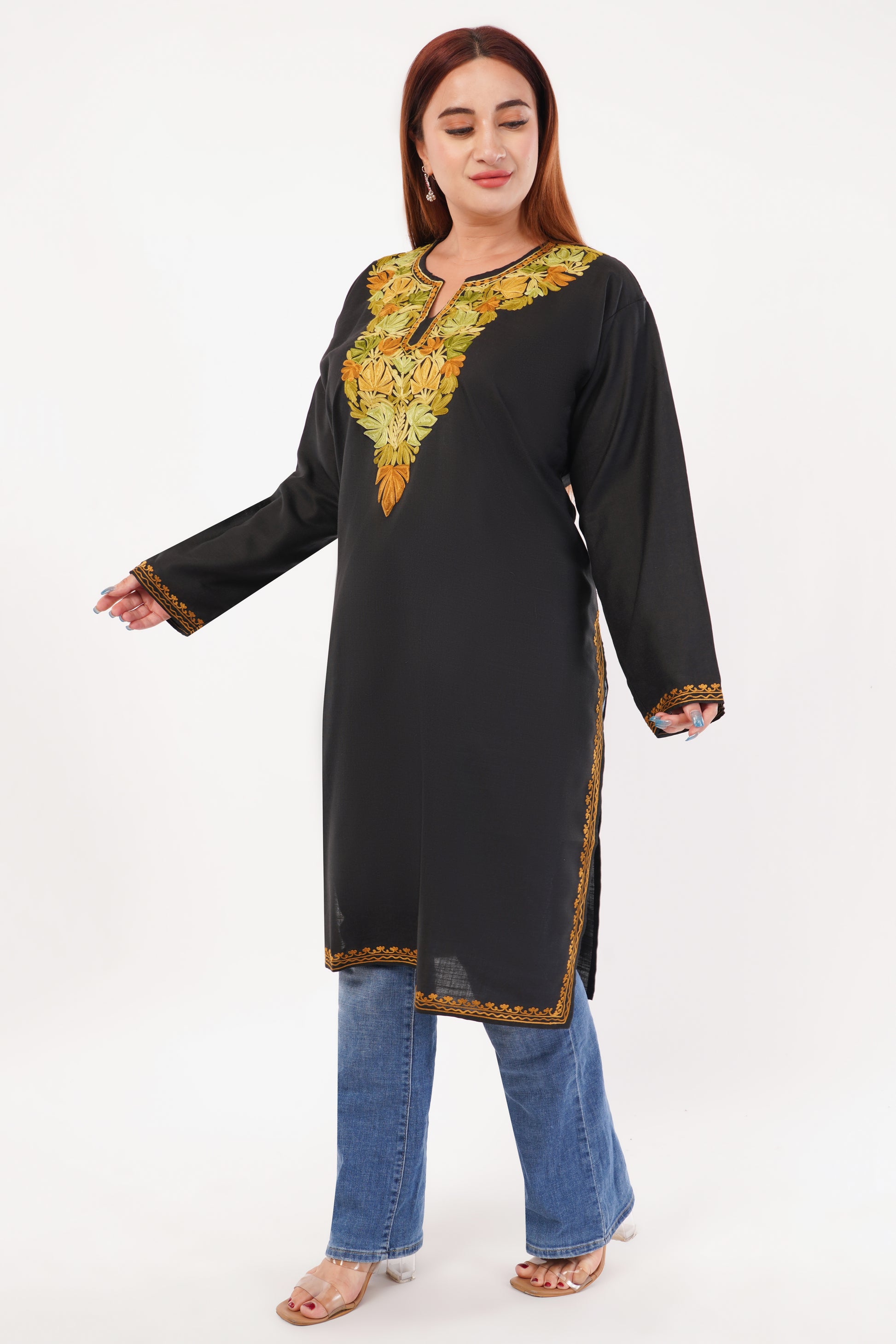 Kashmiri Aari embroidery Cotton Long Kurti Size-54(Black)