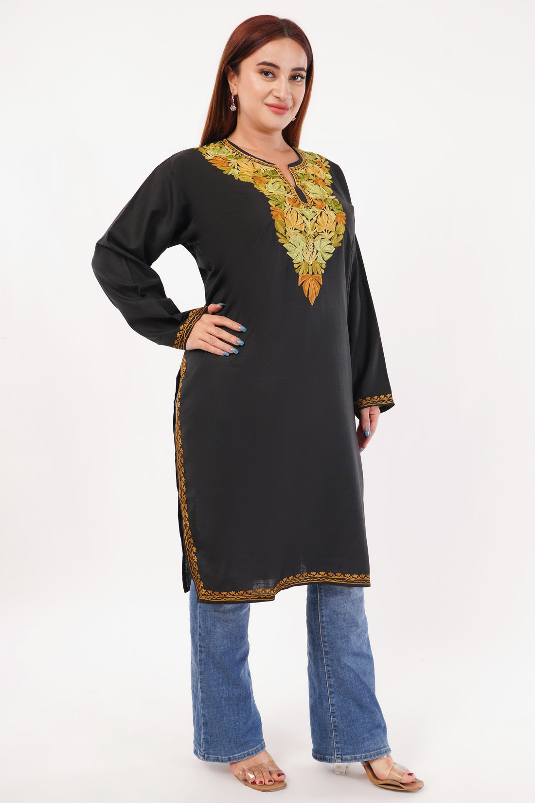 Kashmiri Aari embroidery Cotton Long Kurti Size-54(Black)