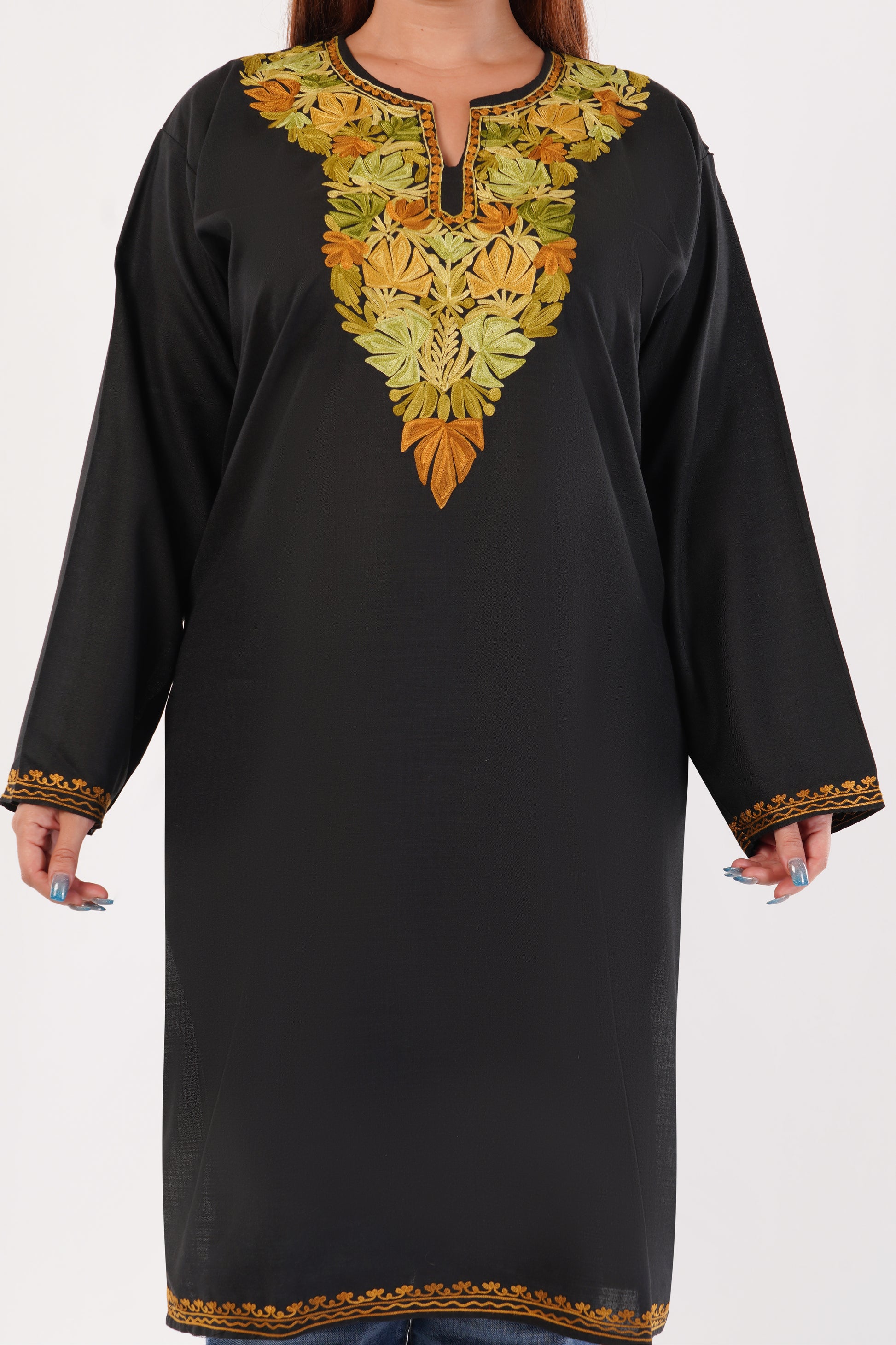 Kashmiri Aari embroidery Cotton Long Kurti Size-54(Black)