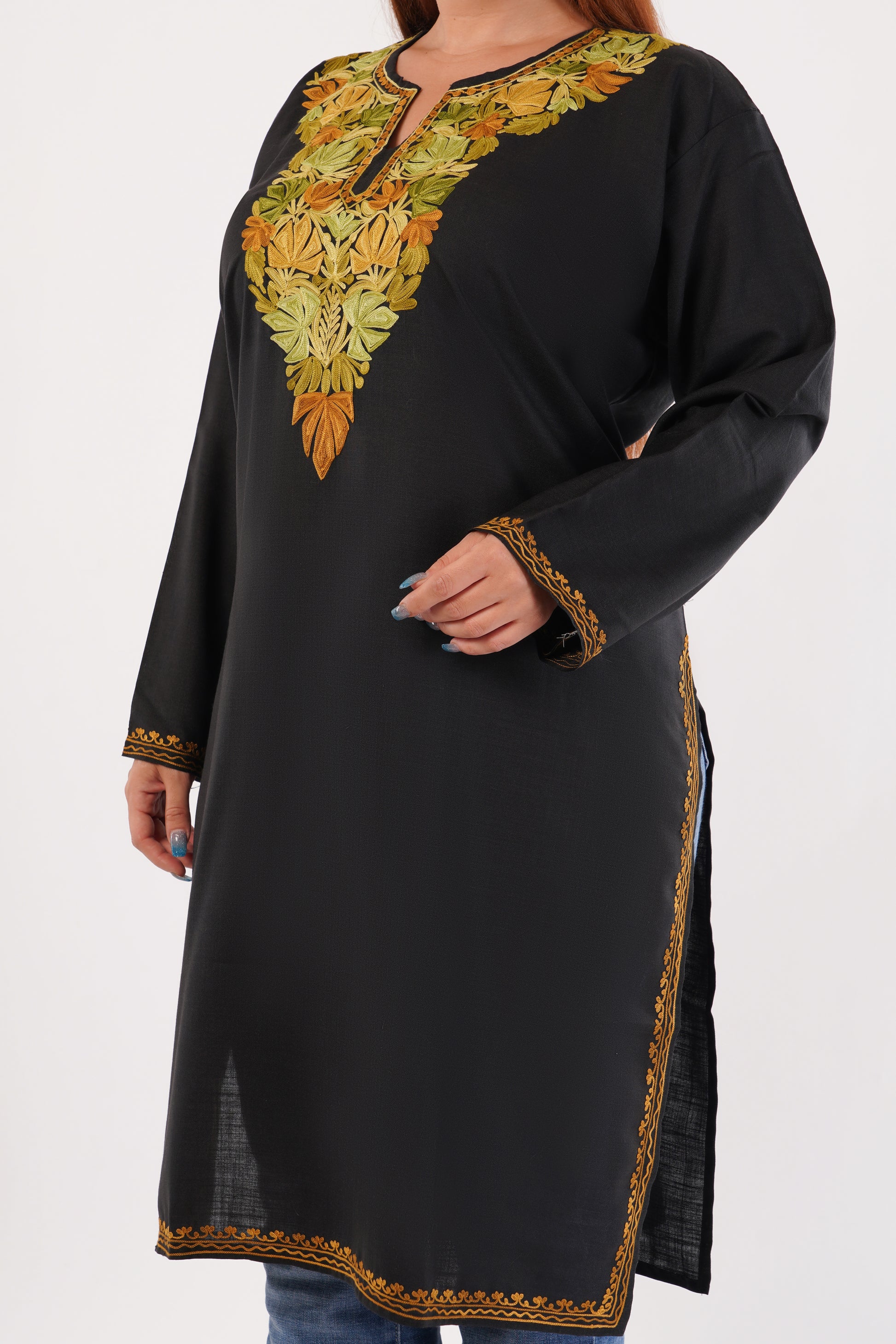 Kashmiri Aari embroidery Cotton Long Kurti Size-54(Black)