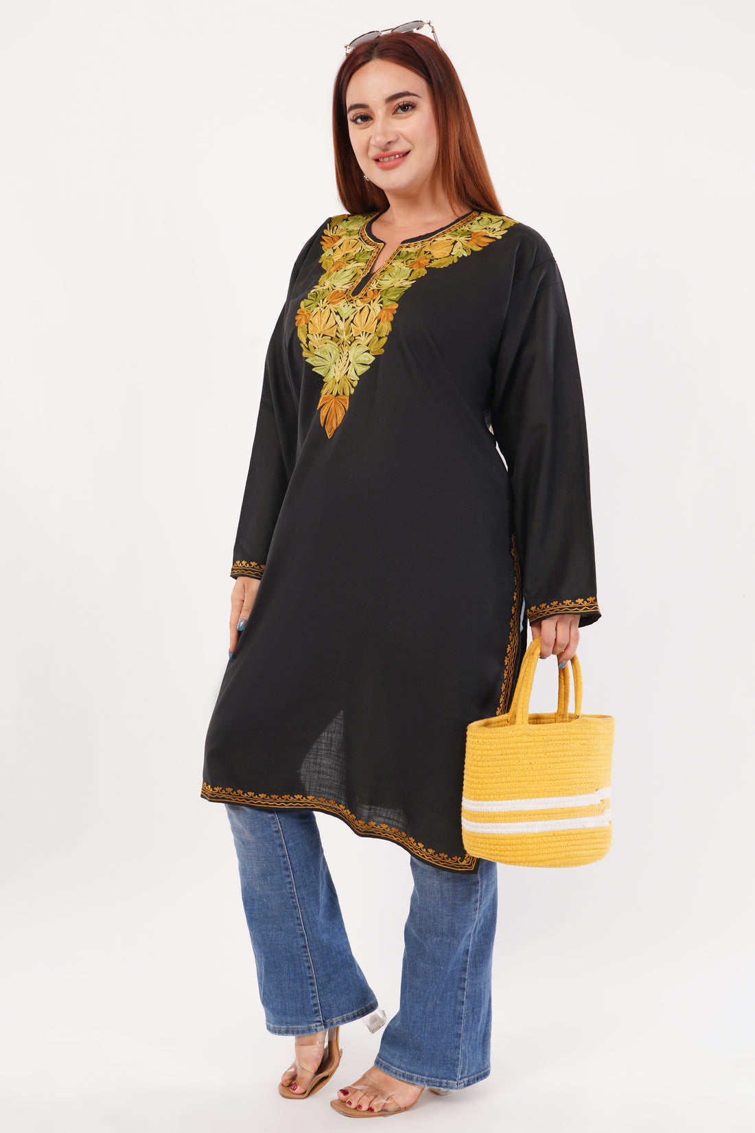 Kashmiri Aari embroidery Cotton Long Kurti Size-54(Black)