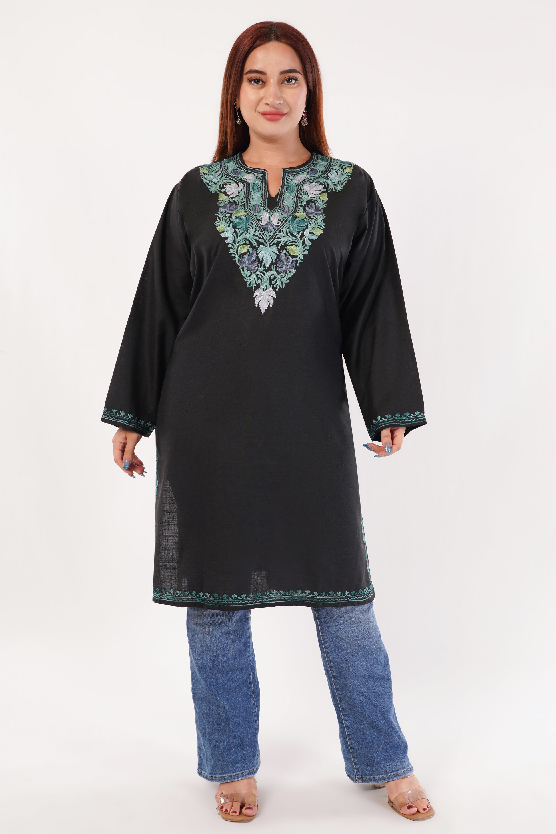 Kashmiri Aari embroidery Cotton Long Kurti Size-54(Black)