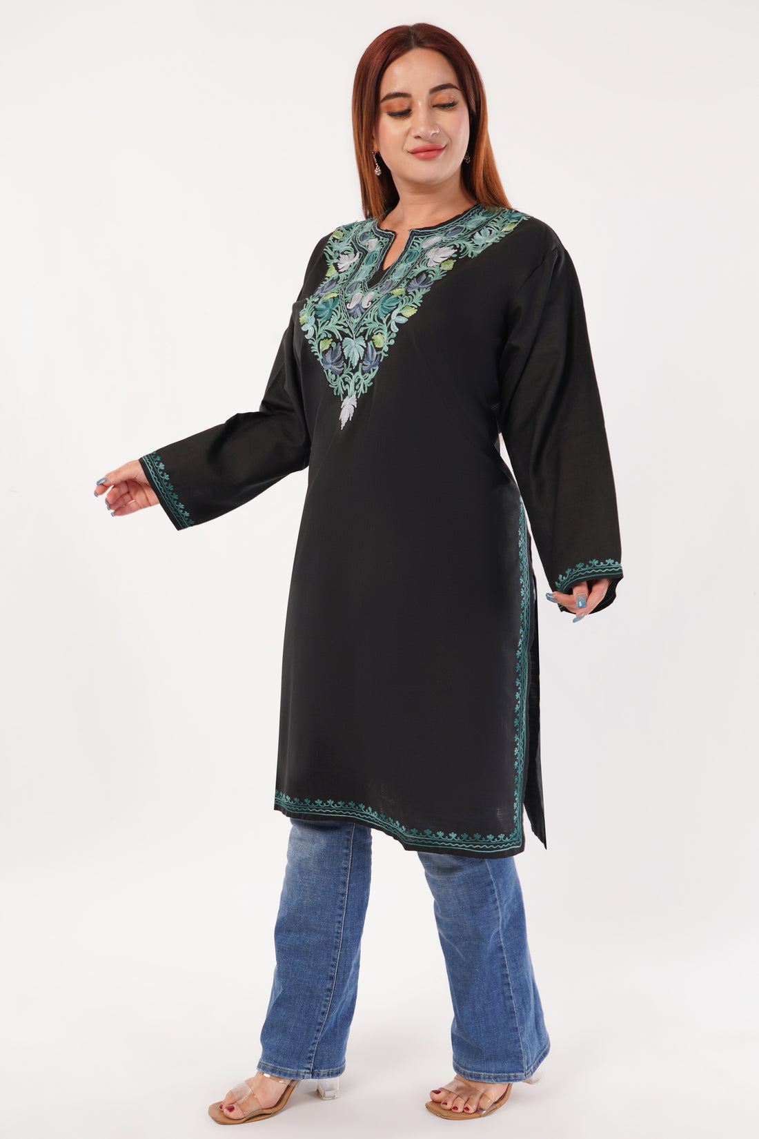 Kashmiri Aari embroidery Cotton Long Kurti Size-54(Black)