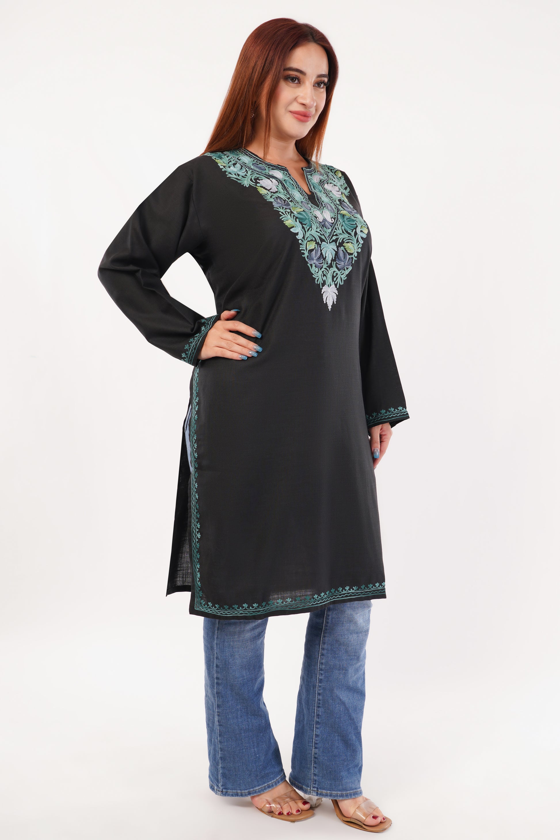 Kashmiri Aari embroidery Cotton Long Kurti Size-54(Black)