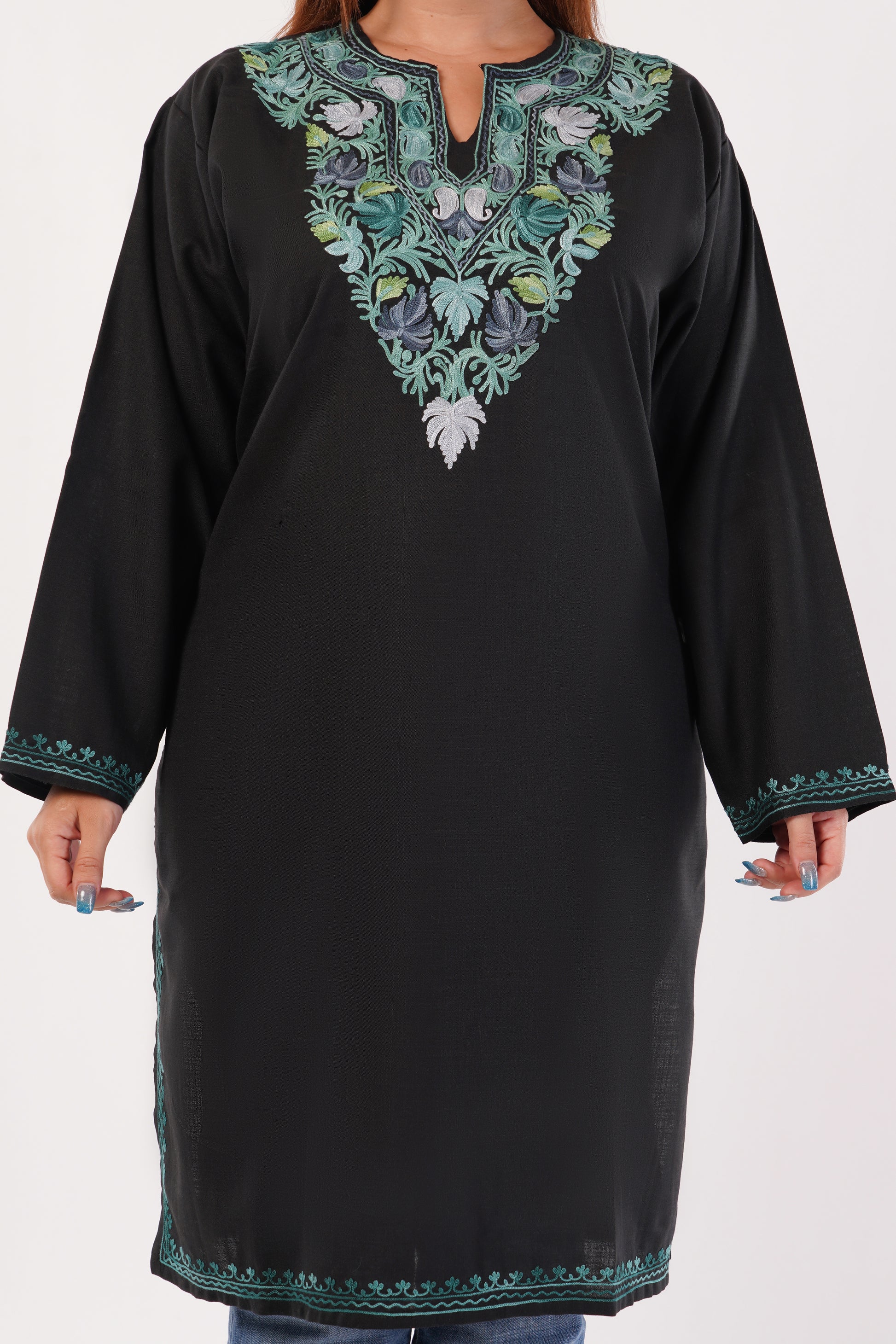 Kashmiri Aari embroidery Cotton Long Kurti Size-54(Black)
