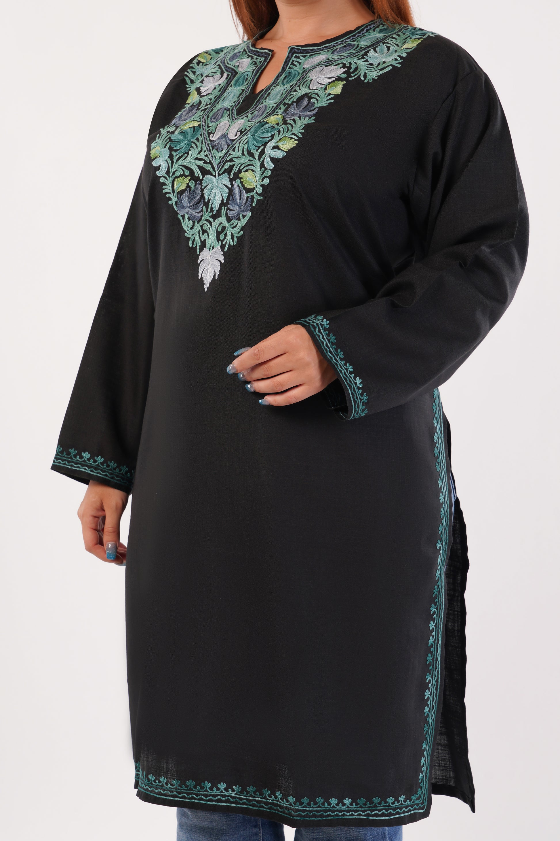 Kashmiri Aari embroidery Cotton Long Kurti Size-54(Black)