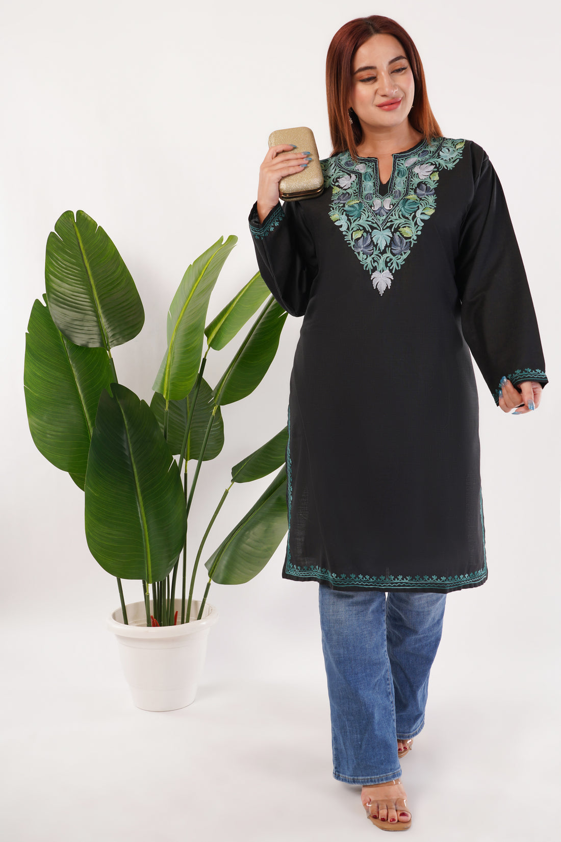 Kashmiri Aari embroidery Cotton Long Kurti Size-54(Black)