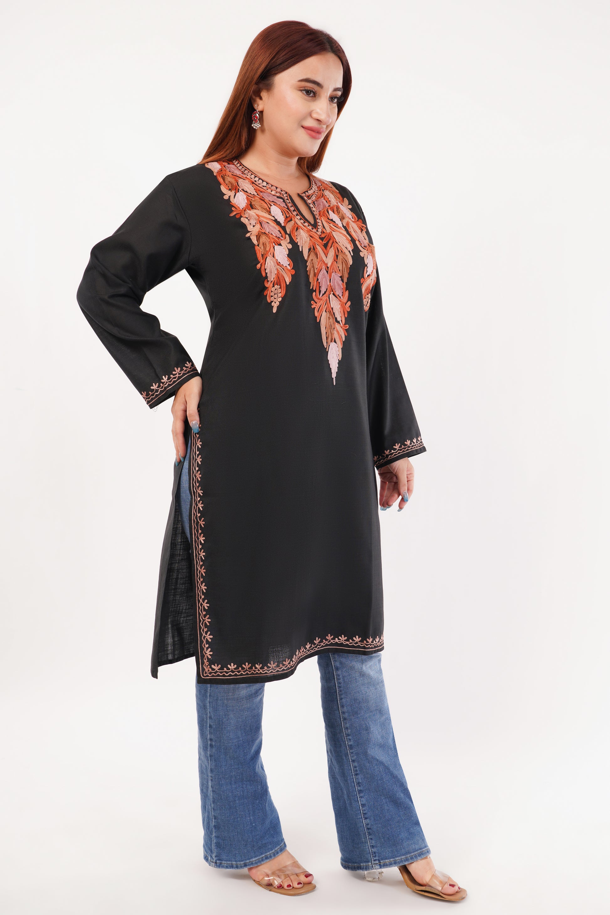 Kashmiri Aari embroidery Cotton Co-ord set Size-40 (Black)