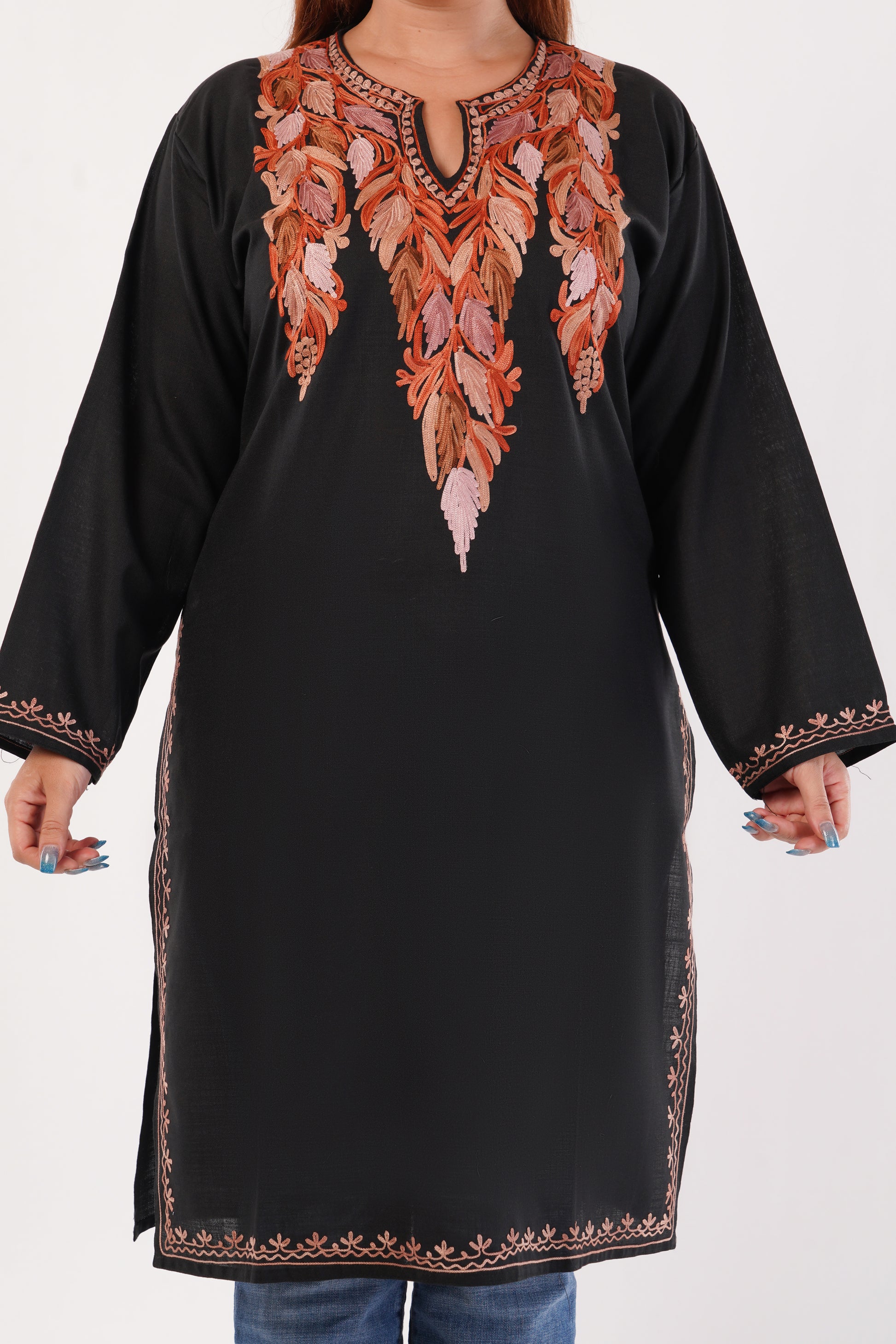 Kashmiri Aari embroidery Cotton Co-ord set Size-40 (Black)