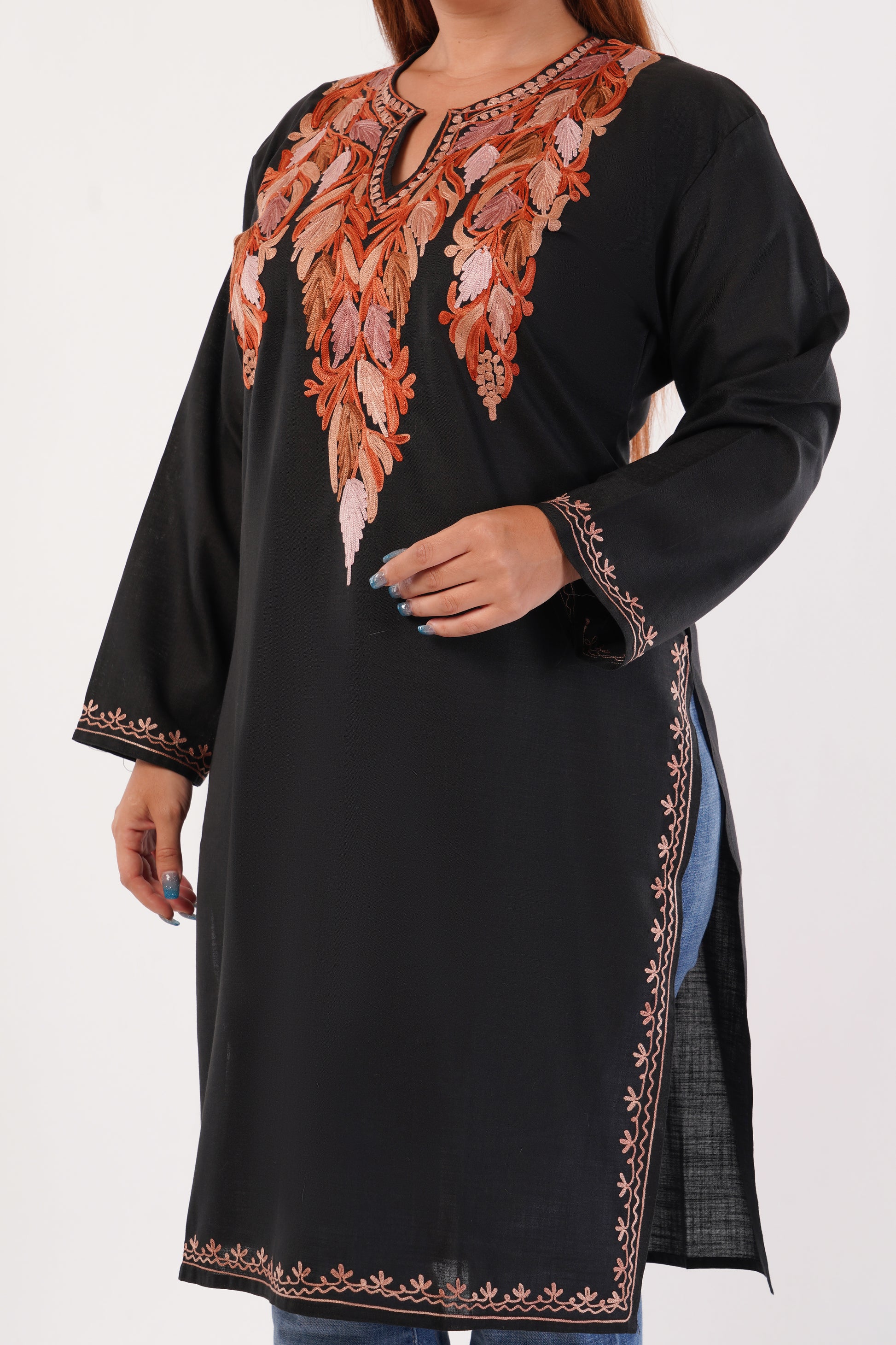 Kashmiri Aari embroidery Cotton Co-ord set Size-40 (Black)