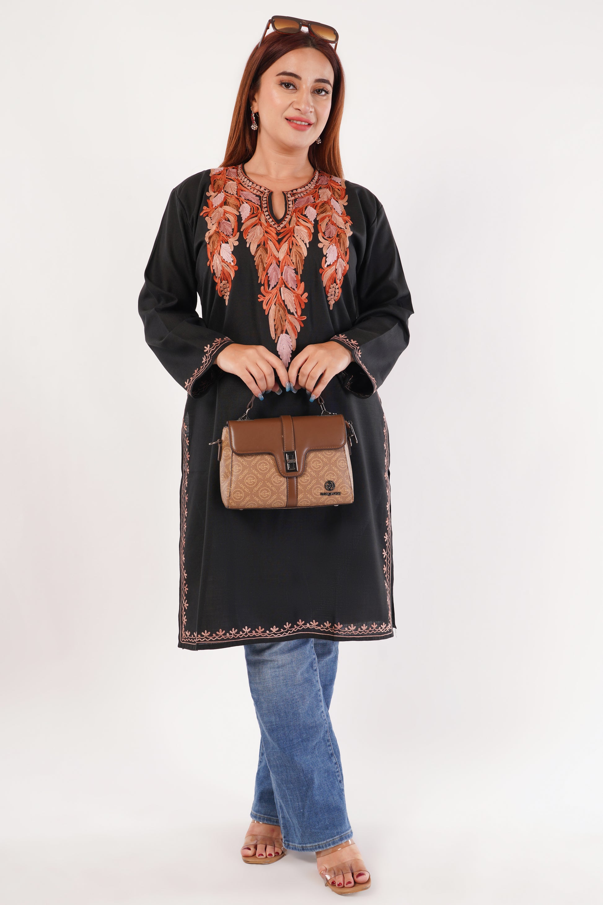 Kashmiri Aari embroidery Cotton Co-ord set Size-40 (Black)