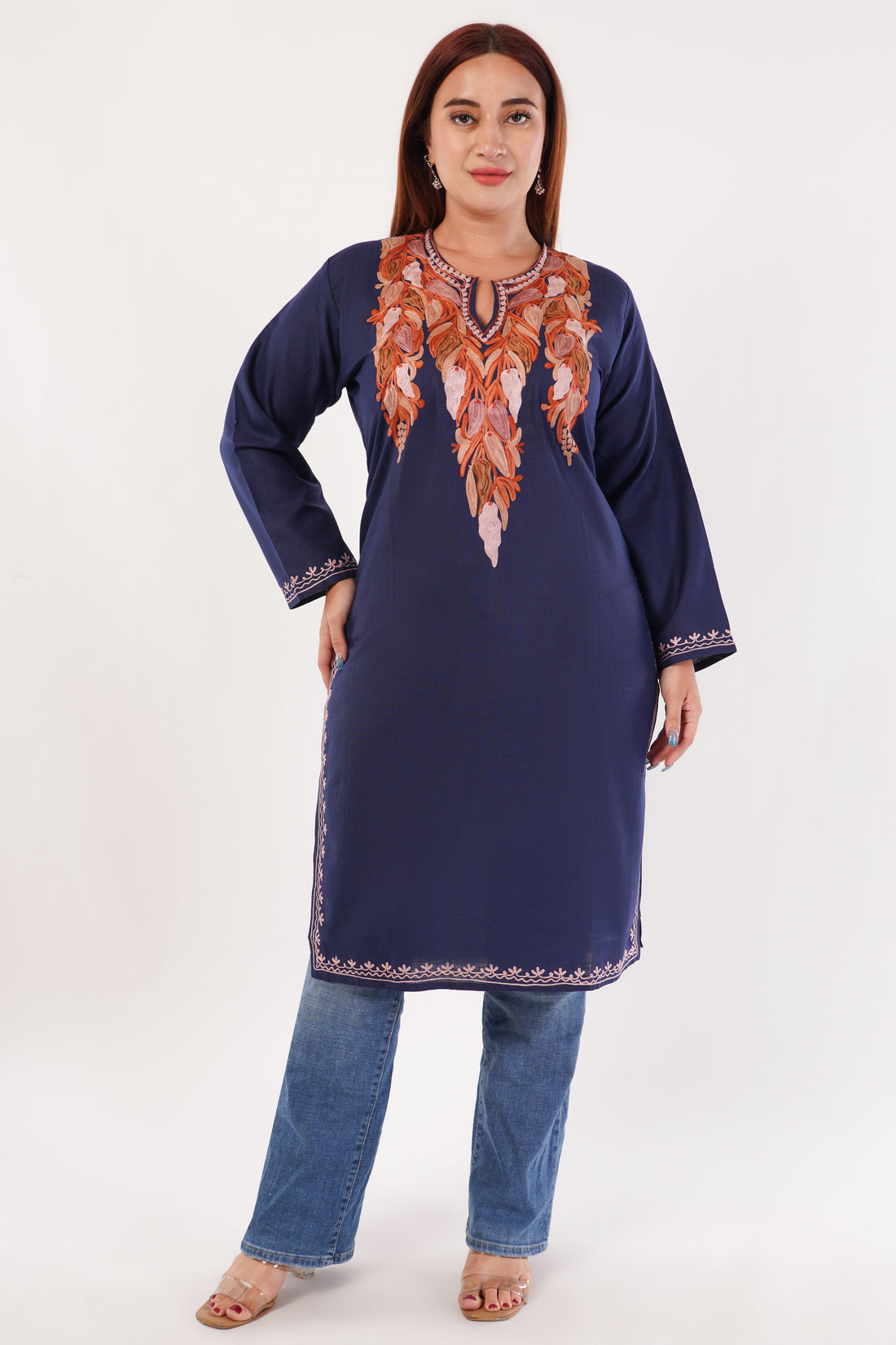 Kashmiri Aari embroidery Cotton Long Kurti Size-44(Navy Blue)